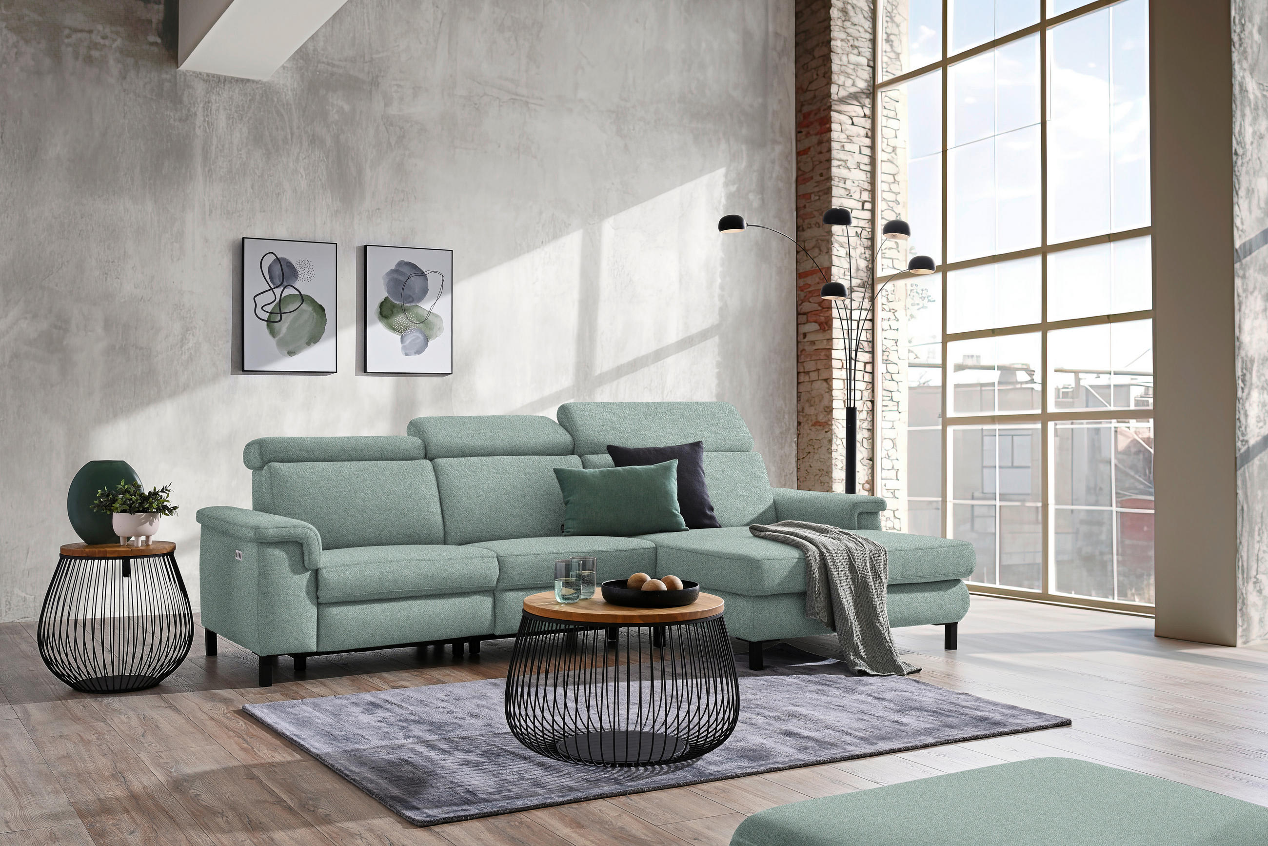 ECKSOFA in Flachgewebe Mintgrün  - Schwarz/Mintgrün, Konventionell, Textil/Metall (304/182cm) - Pure Home Comfort