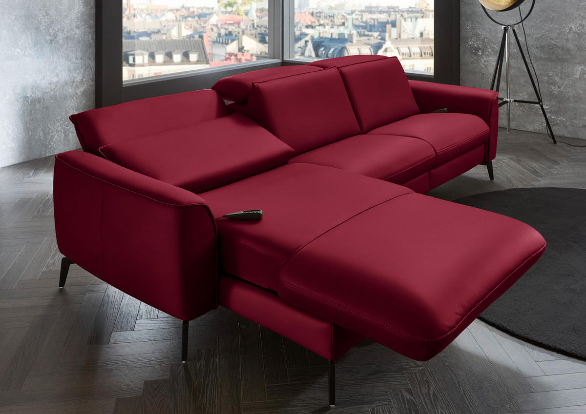 ECKSOFA in Echtleder Rot  - Rot/Schwarz, Natur, Leder/Metall (168/281cm) - Valdera