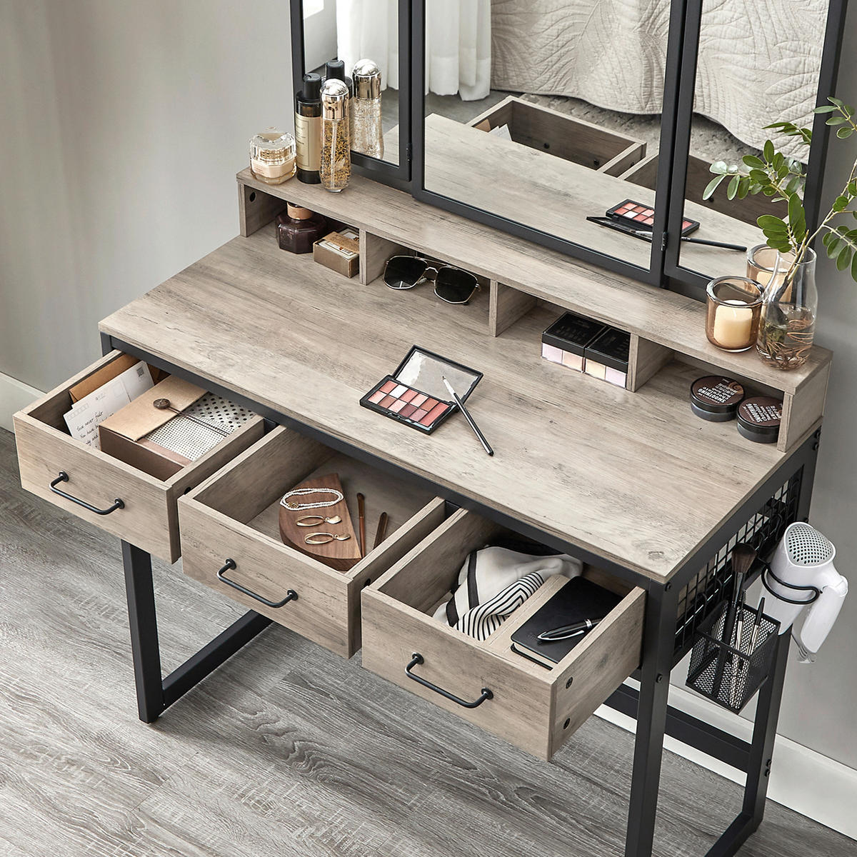 SCHMINKTISCH Greige, Schwarz  - Greige/Schwarz, Trend, Glas/Holzwerkstoff (90/40/141cm) - Boxxx