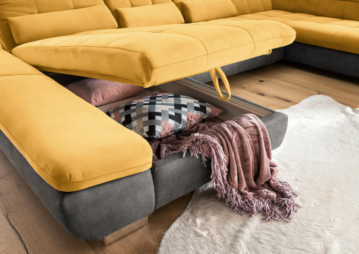 WOHNLANDSCHAFT in Mikrofaser Dunkelgelb, Grau  - Chromfarben/Dunkelgelb, Design, Kunststoff/Textil (204/350/211cm) - Xora