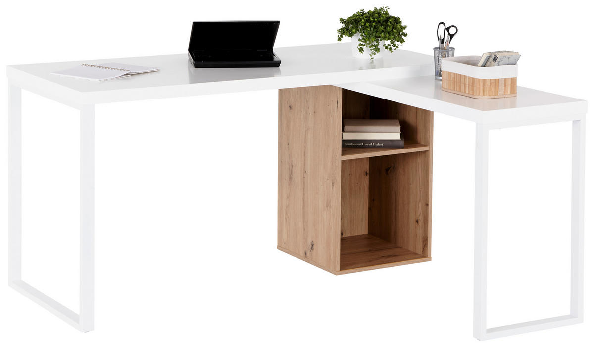 KOTNA PISALNA MIZA kovina, leseni material bela, barve hrasta  - barve hrasta/bela, Moderno, kovina/leseni material (140/60/75cm) - MID.YOU