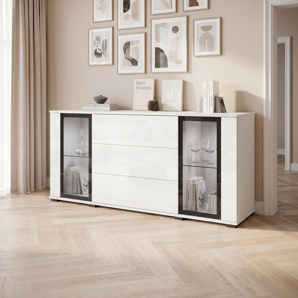 SIDEBOARD Caro 150/69,7/39,5 cm 3 Schublade(n)  - Weiß Hochglanz/Schwarz, Design, Glas/Holzwerkstoff (150/69,7/39,5cm) - P & B