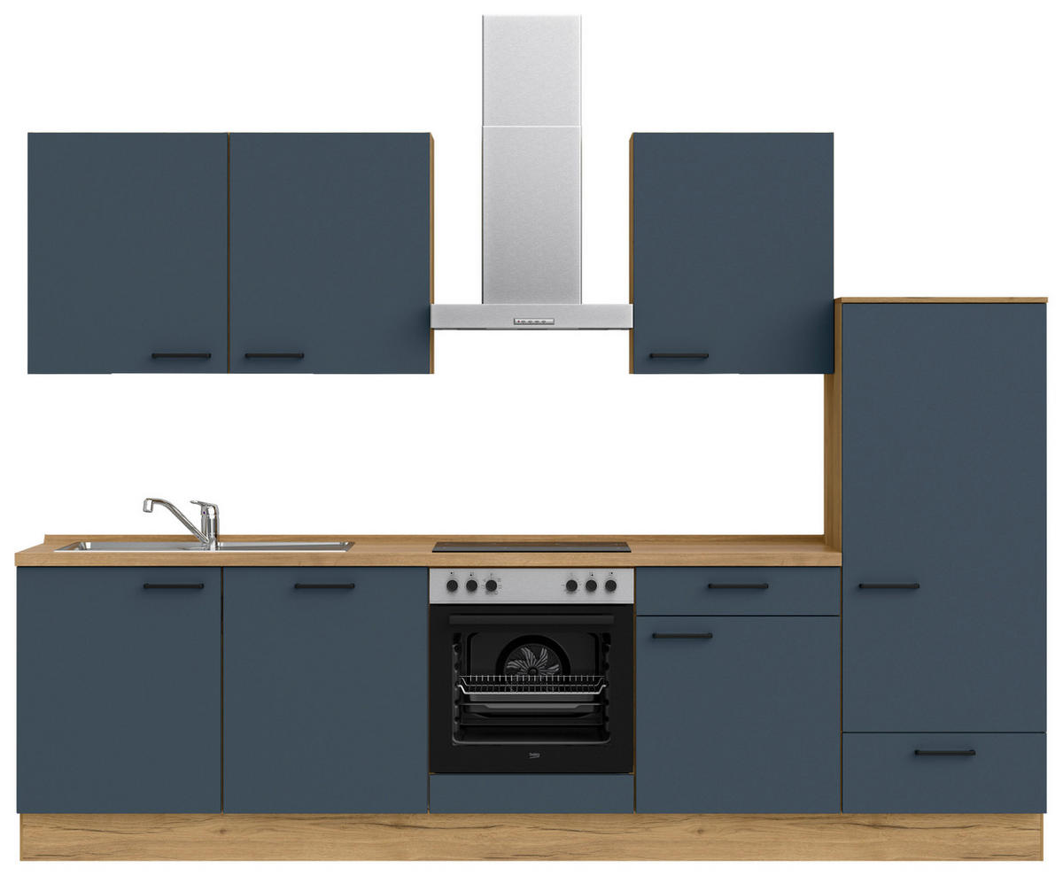 KÜCHENBLOCK Easytouch 300 cm  in Blau, Eichefarben  - Blau/Eichefarben, MODERN, Holzwerkstoff/Metall (300cm) - Nobilia