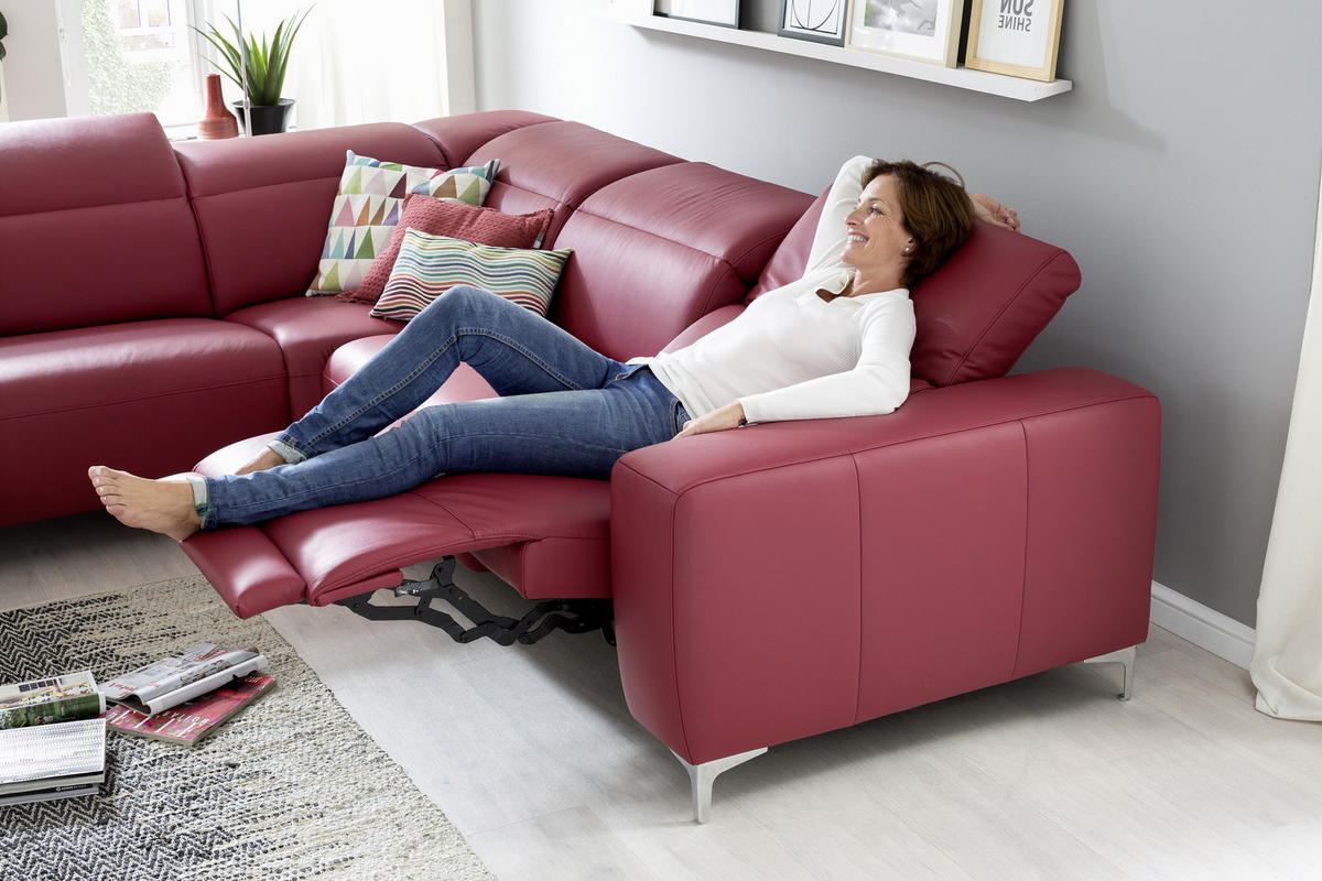 ECKSOFA inkl.Funktionen Rot Echtleder  - Chromfarben/Rot, Design, Leder/Metall (223/290cm) - Pure Home Lifestyle