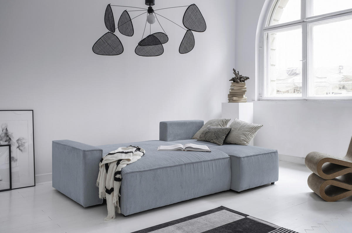 ECKSOFA Hellgrau Cord Bettkasten  - Hellgrau/Schwarz, Design, Kunststoff/Textil (250/156cm) - MID.YOU