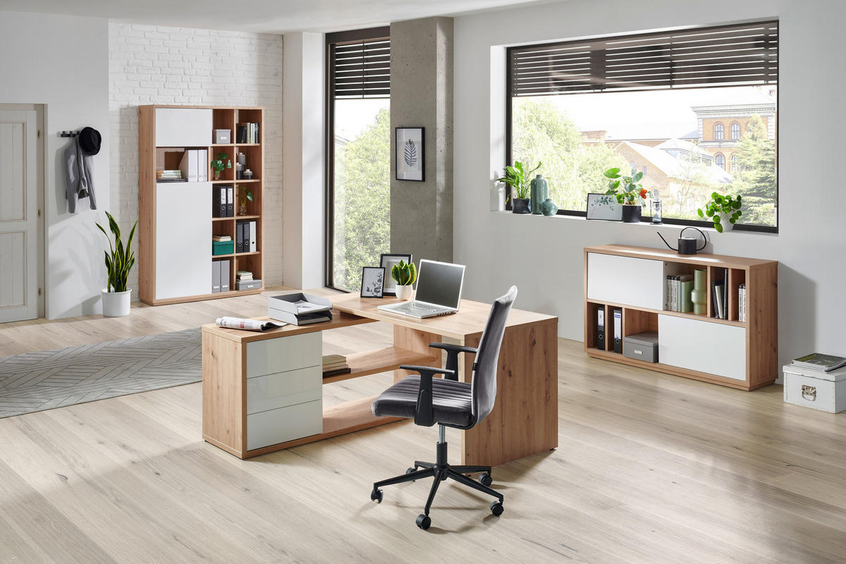AKTENSCHRANK 139/84/35,5 cm  - Weiss Hochglanz/Eiche Artisan, Design, Holzwerkstoff (139/84/35,5cm) - Stylife