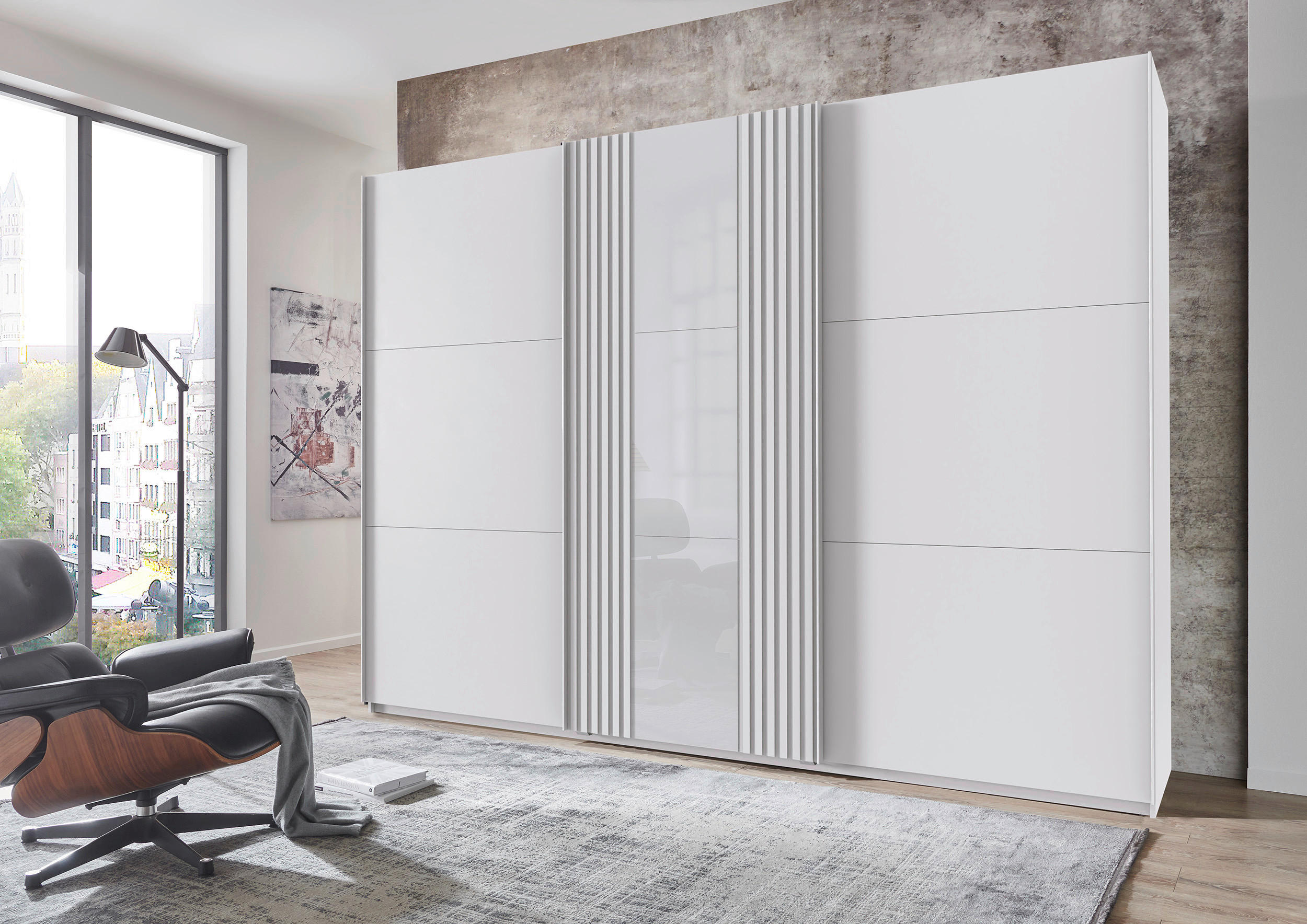 DULAP CU UșI CULISANTE in alb  - alb, Basics, sticlă/material pe bază de lemn (300/216/65cm) - Voleo