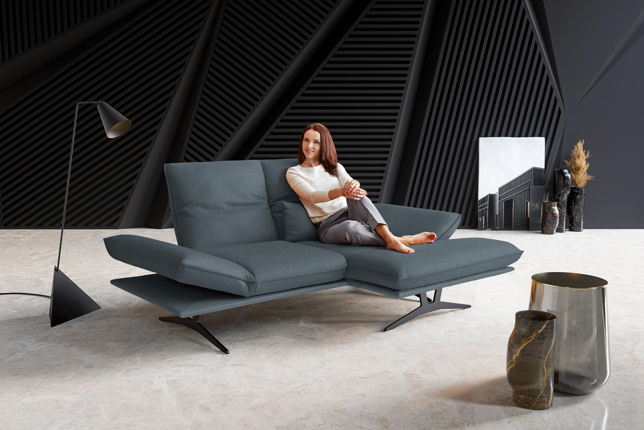ECKSOFA in Echtleder Blau  - Blau/Schwarz, Design, Leder/Metall (210/130cm) - Dieter Knoll