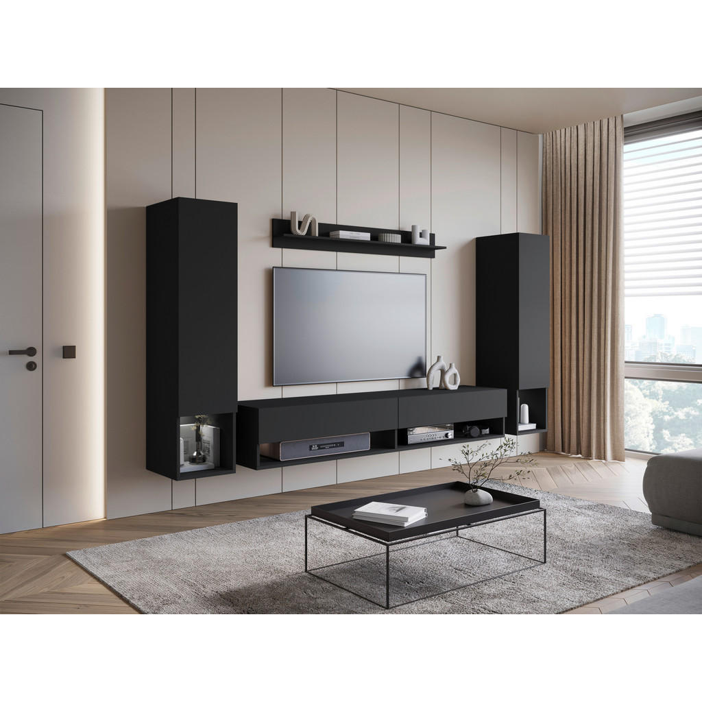 Thumbnail - P & B Wohnwand, Schwarz, Holzwerkstoff, 4-teilig, 1,1,10 Fächer, 245x130x32 cm, Fsc, hängend, Beleuchtung, Wohnzimmer, W...