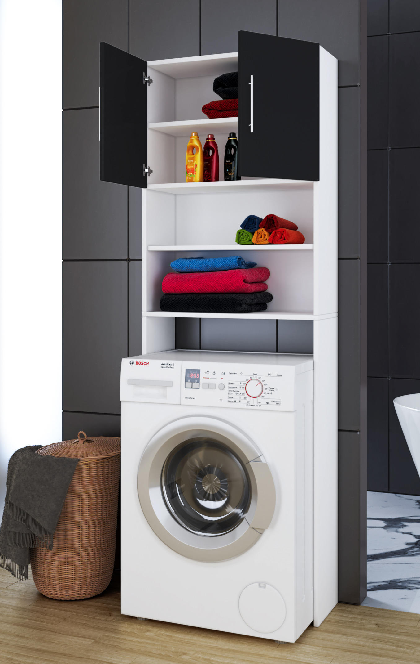 WASCHMASCHINENSCHRANK 64/190/25 cm  in Schwarz, Weiss  - Weiss/Silberfarben, Basics, Holzwerkstoff/Kunststoff (64/190/25cm) - MID.YOU