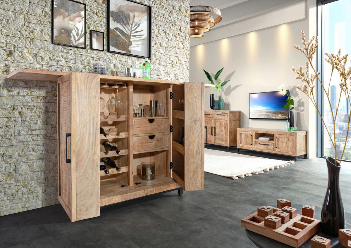 BAR Mangoholz massiv Naturfarben  - Schwarz/Naturfarben, Design, Holz/Metall (100-150/122/55cm) - Landscape