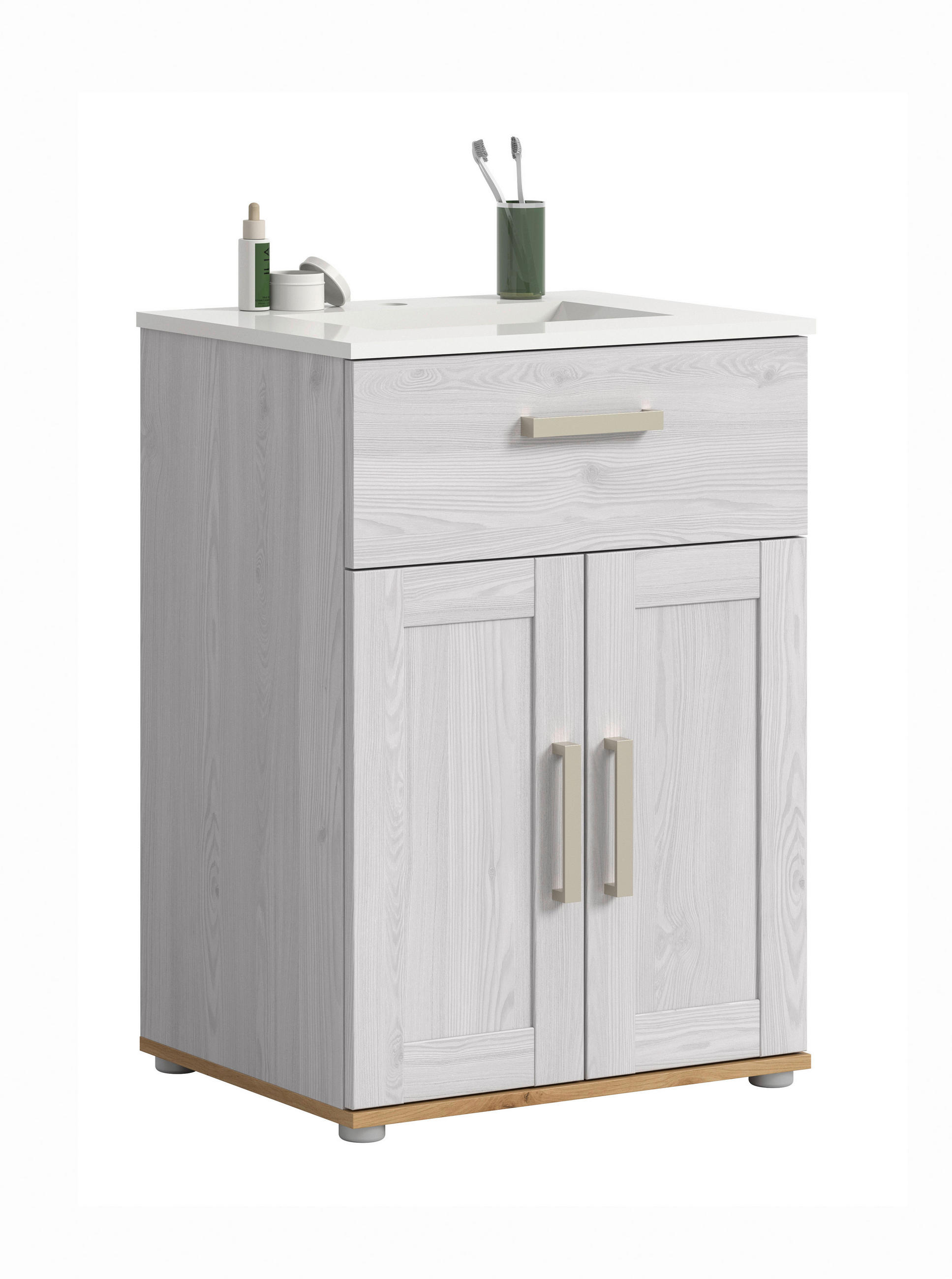 SKŘÍŇKA S UMYVADLEM, barvy modřínu, barvy modřínu, 60 cm - bílá/barvy stříbra, Trend, kompozitní dřevo/plast (60cm) - MID.YOU