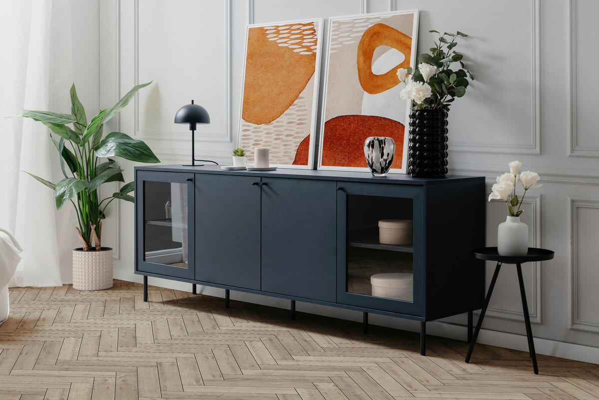 NISKA KOMODA   180/68/40 cm   plava   - crna/plava, Moderno, staklo/drvni materijal (180/68/40cm) - MID.YOU