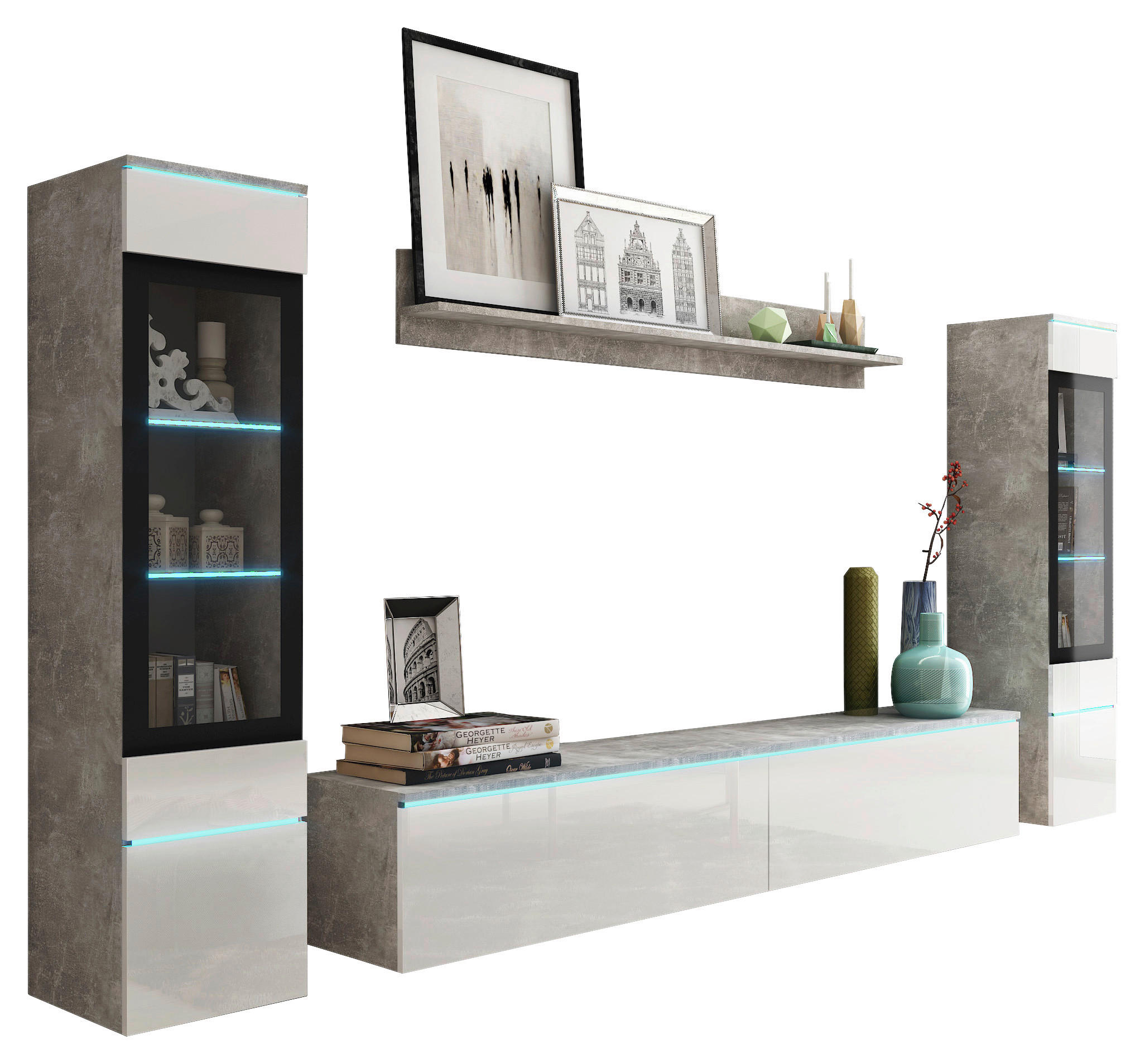 WOHNWAND Vera 4-teilig in Weiß Hochglanz, Grau 240/130/33 cm - Weiß Hochglanz/Grau, LIFESTYLE, Glas/Holzwerkstoff (240/130/33cm) - P & B