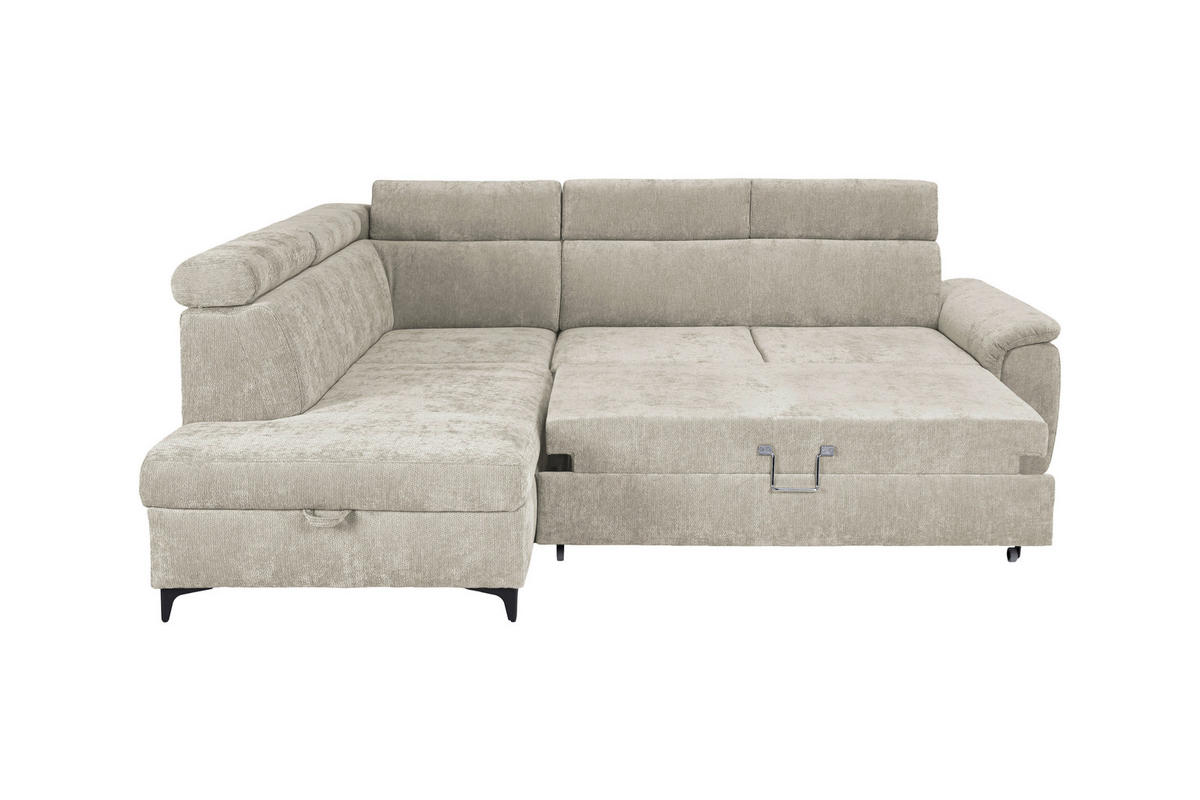 ECKSOFA Naturfarben Chenille Bettkasten, Schlaffunktion, Rücken echt, Kopfteilverstellung, Liegefläche im Originalstoff  - Schwarz/Naturfarben, KONVENTIONELL, Textil/Metall (206/265cm) - Carryhome