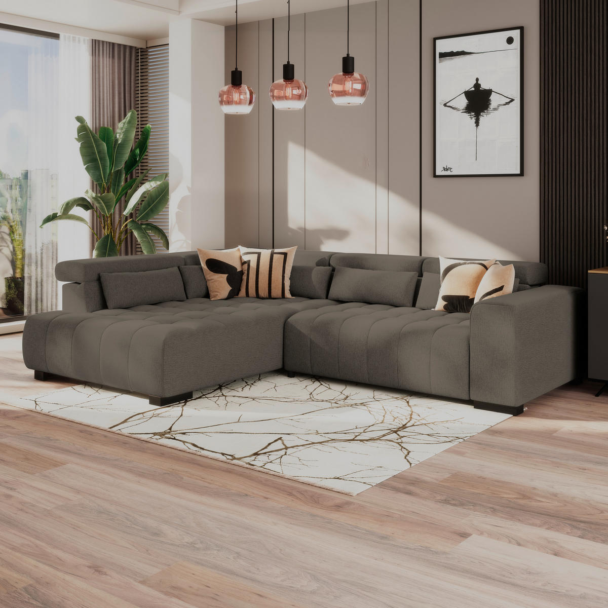 ECKSOFA MATERA Dunkelbraun Chenille, Struktur Nierenkissen, Kopfteilverstellung, Sitzvorzug  - Dunkelbraun/Schwarz, Trend, Holz/Textil (226/311cm) - MID.YOU