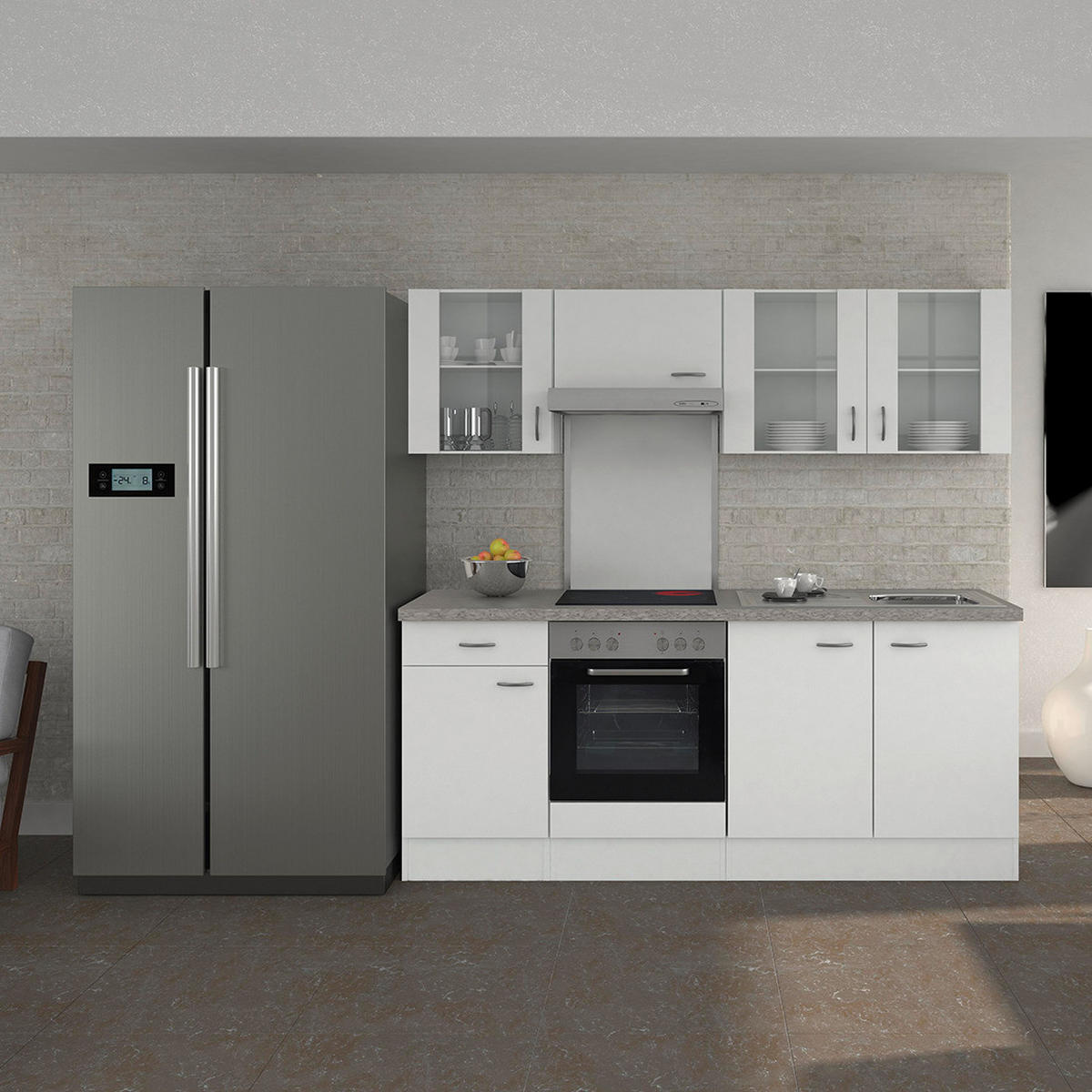 KÜCHENLEERBLOCK 210 cm   in Weiß  - Edelstahlfarben/Hellgrau, KONVENTIONELL, Holzwerkstoff/Kunststoff (210cm) - FlexWell