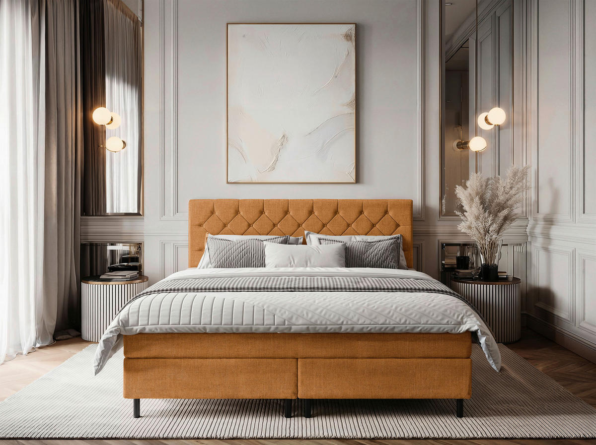 BOXSPRINGBETT 200/200 cm,  in Orange, Matratze, Topper, H2 + H2 = mittel  - Schwarz/Orange, KONVENTIONELL, Textil/Metall (200/200cm) - Chameo