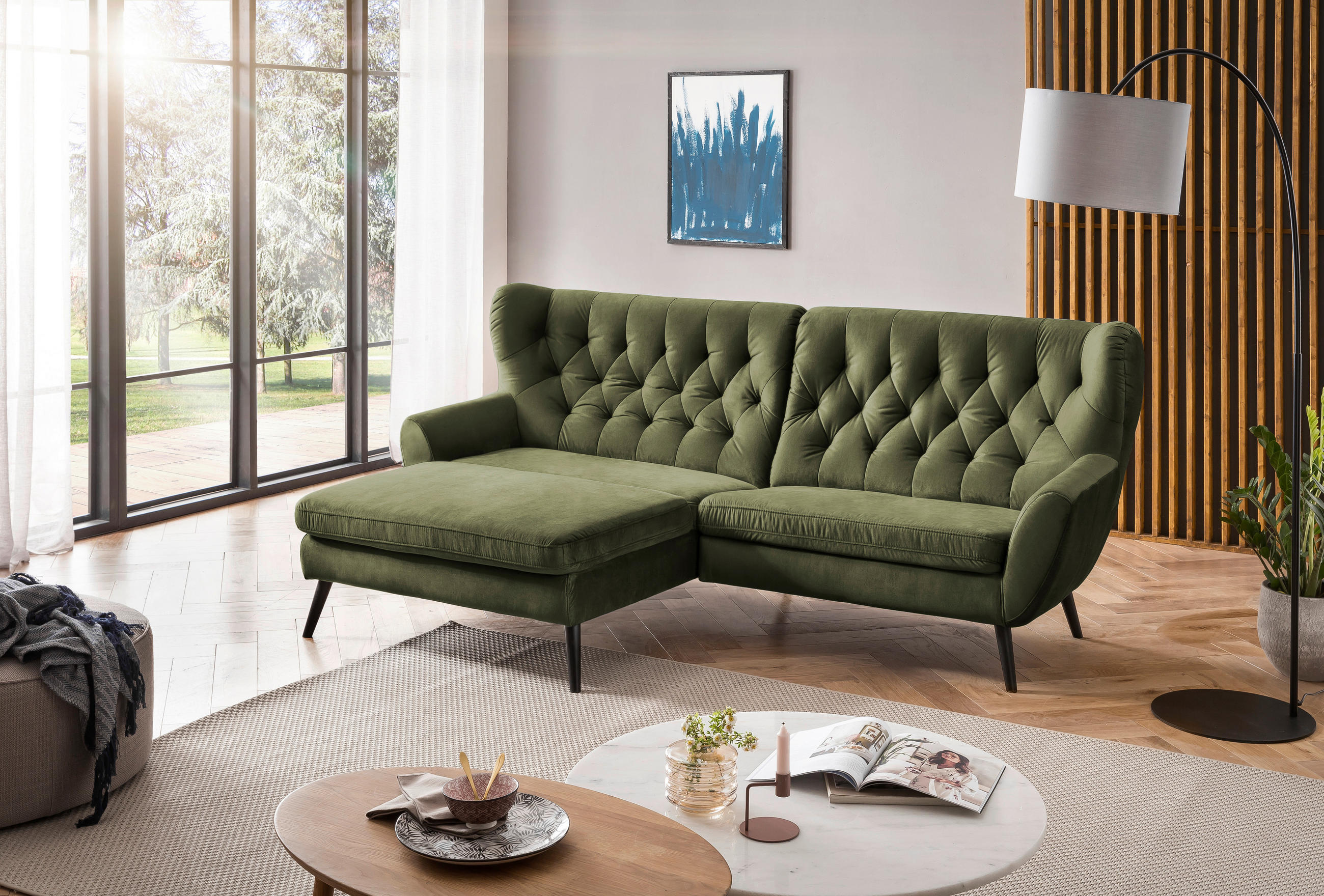 ECKSOFA in Mikrofaser Olivgrün  - Schwarz/Olivgrün, Design, Holz/Textil (165/237cm) - Stylife