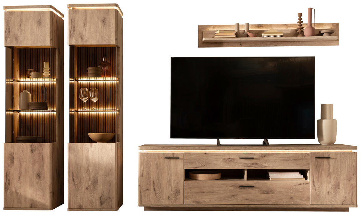 WOHNWAND 4-teilig  in Eichefarben  330/208/50 cm  - Eichefarben/Anthrazit, KONVENTIONELL, Glas/Holzwerkstoff (330/208/50cm) - Cantus