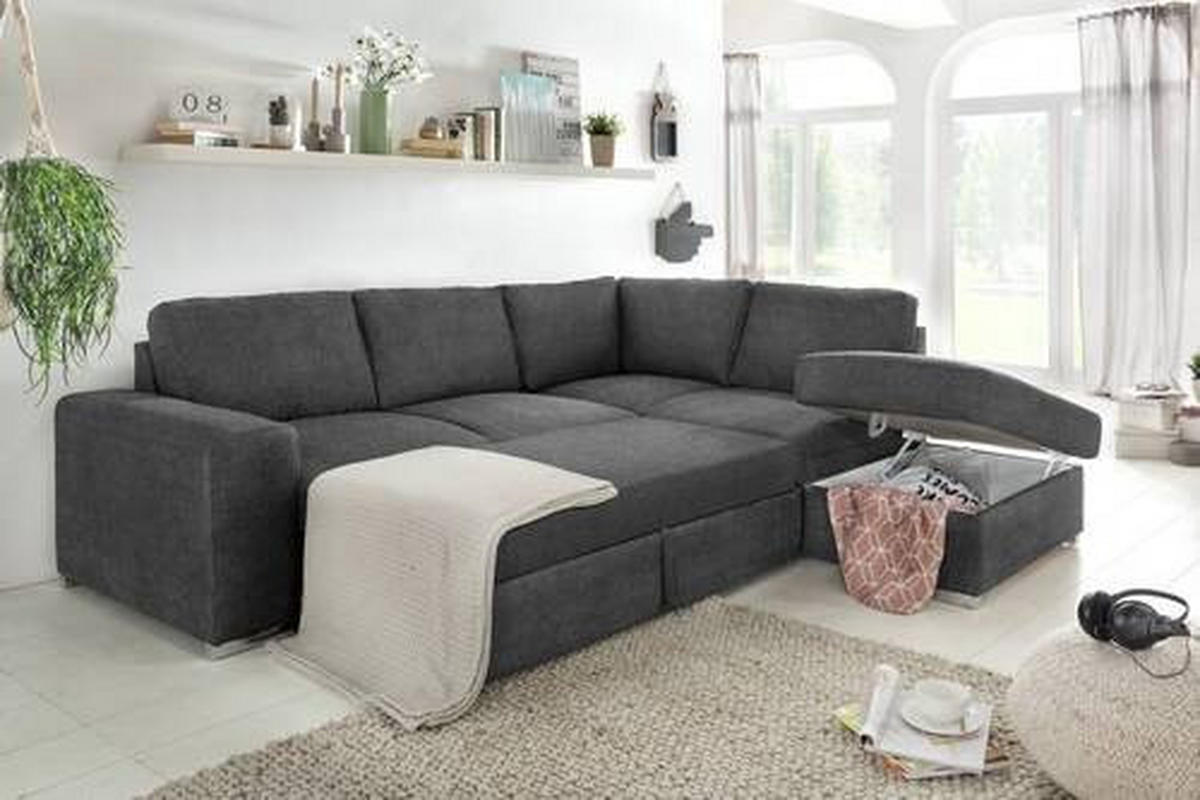 ECKSOFA Dunkelgrau Mikrofaser  - Chromfarben/Dunkelgrau, KONVENTIONELL, Textil/Metall (248/213cm) - MID.YOU
