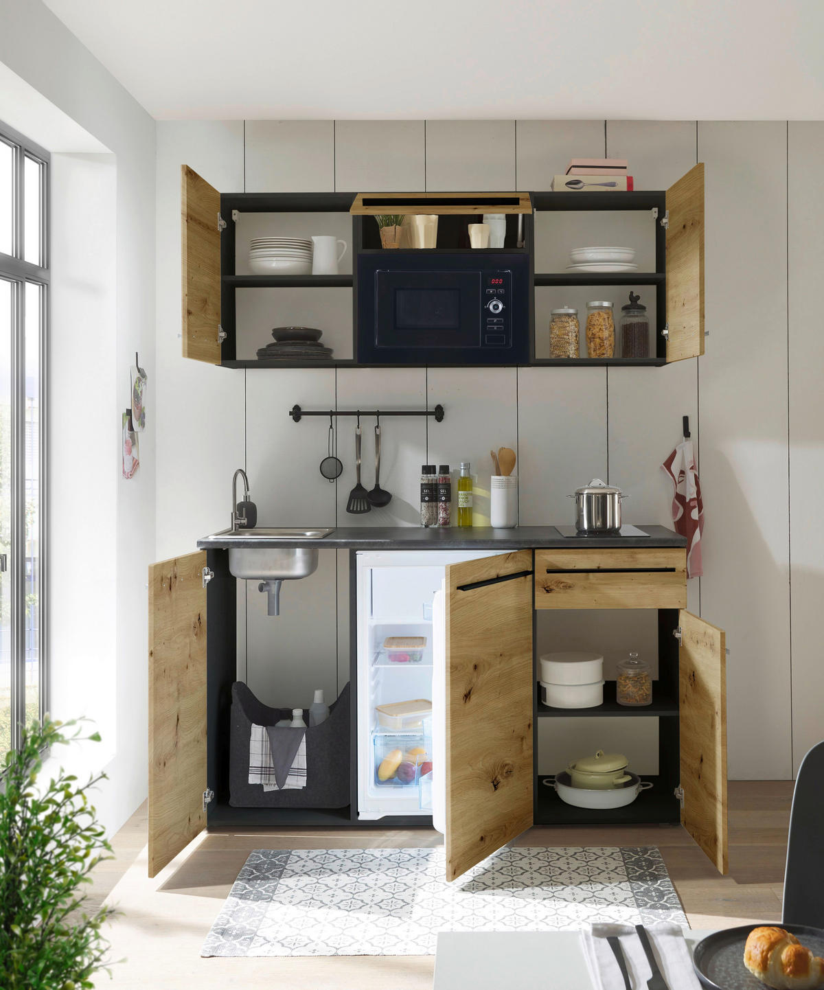 KÜCHENBLOCK 160 cm   in Braun, Eiche Artisan  - Schwarz/Eiche Artisan, Trend, Holzwerkstoff/Kunststoff (160cm) - Carryhome