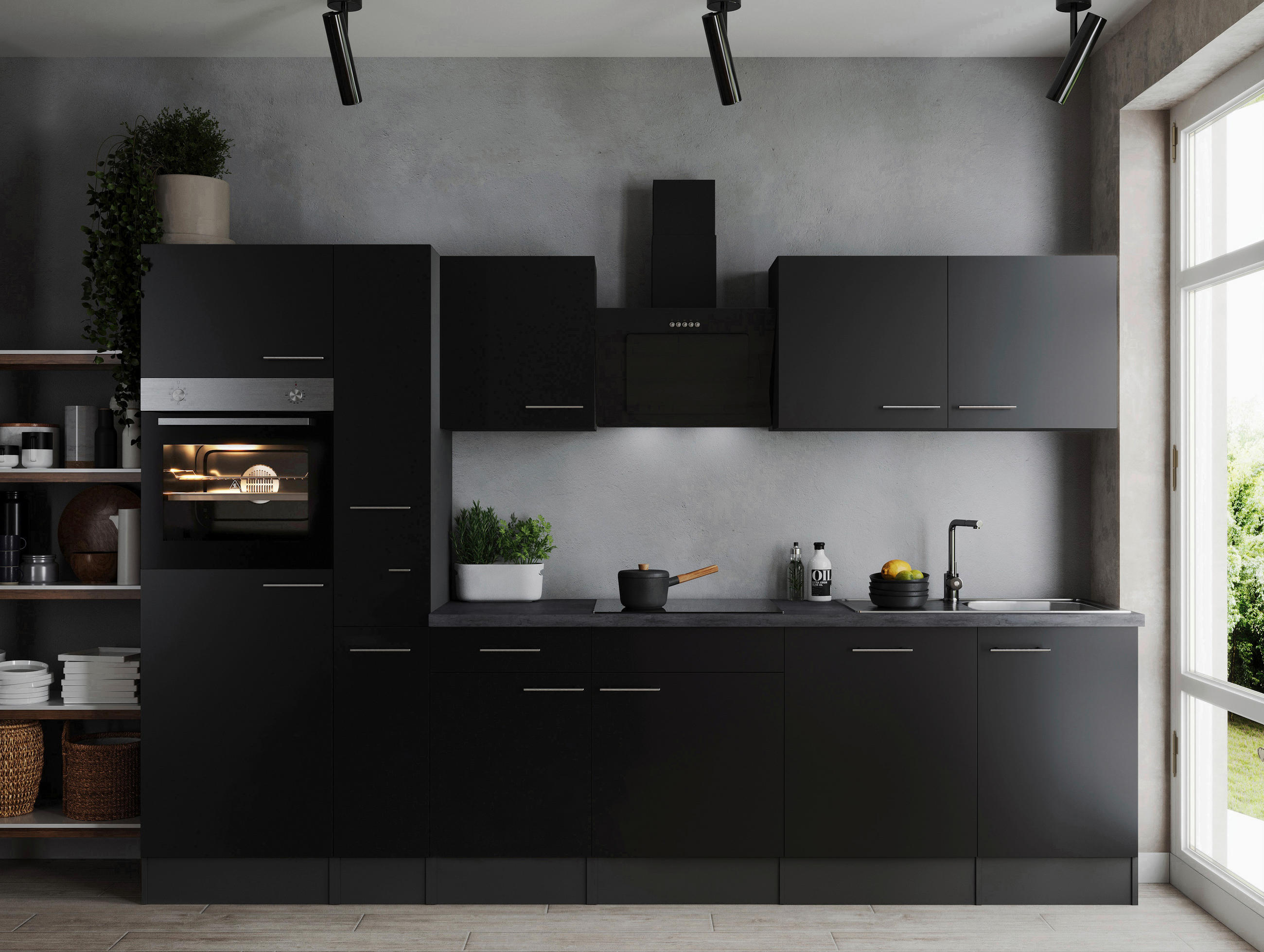 KÜCHENBLOCK 310 cm   in Grau, Schwarz  - Silberfarben/Schwarz, Design, Holzwerkstoff/Metall (310cm) - Respekta