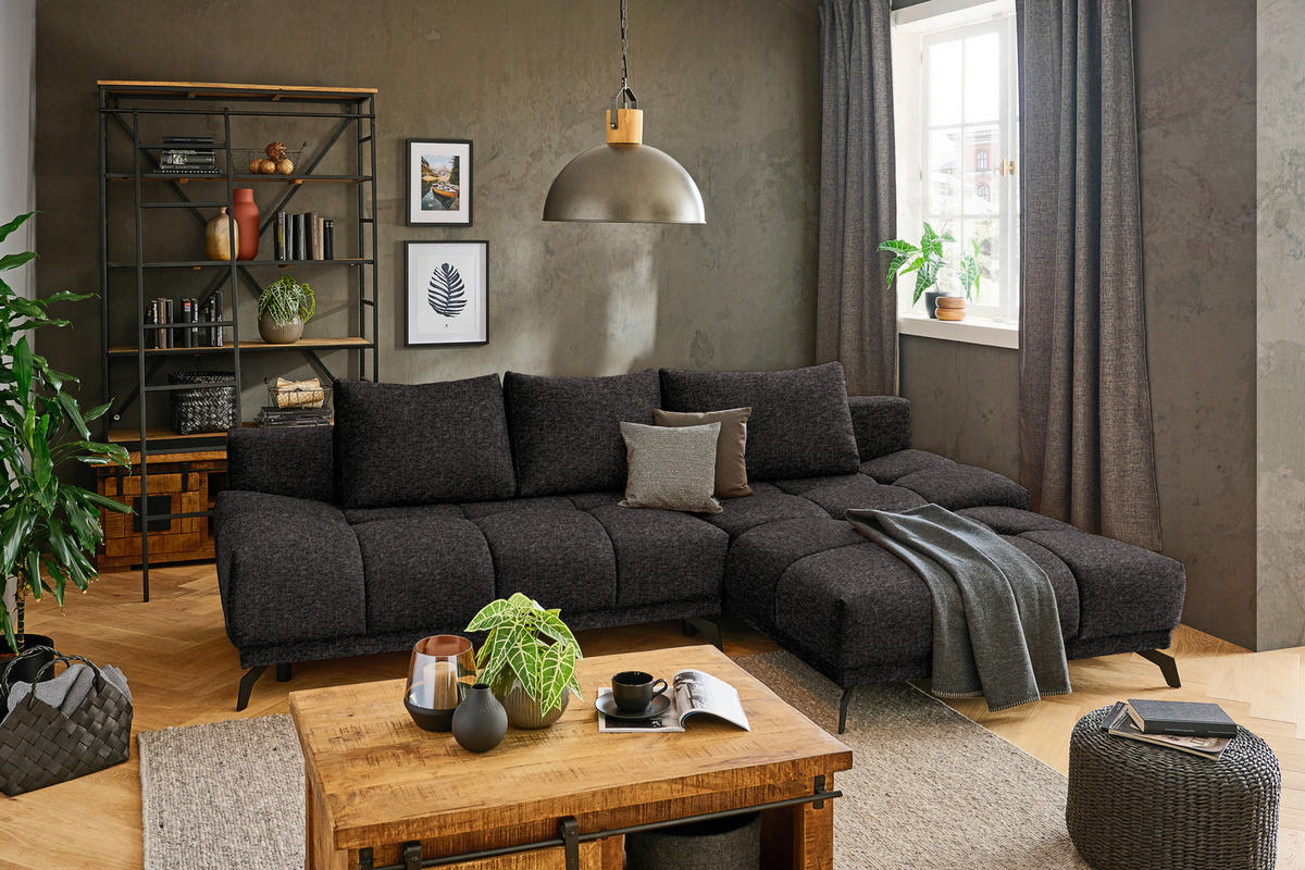 ECKSOFA in Chenille Anthrazit  - Anthrazit/Schwarz, Modern, Textil/Metall (290/182cm) - Hom`in