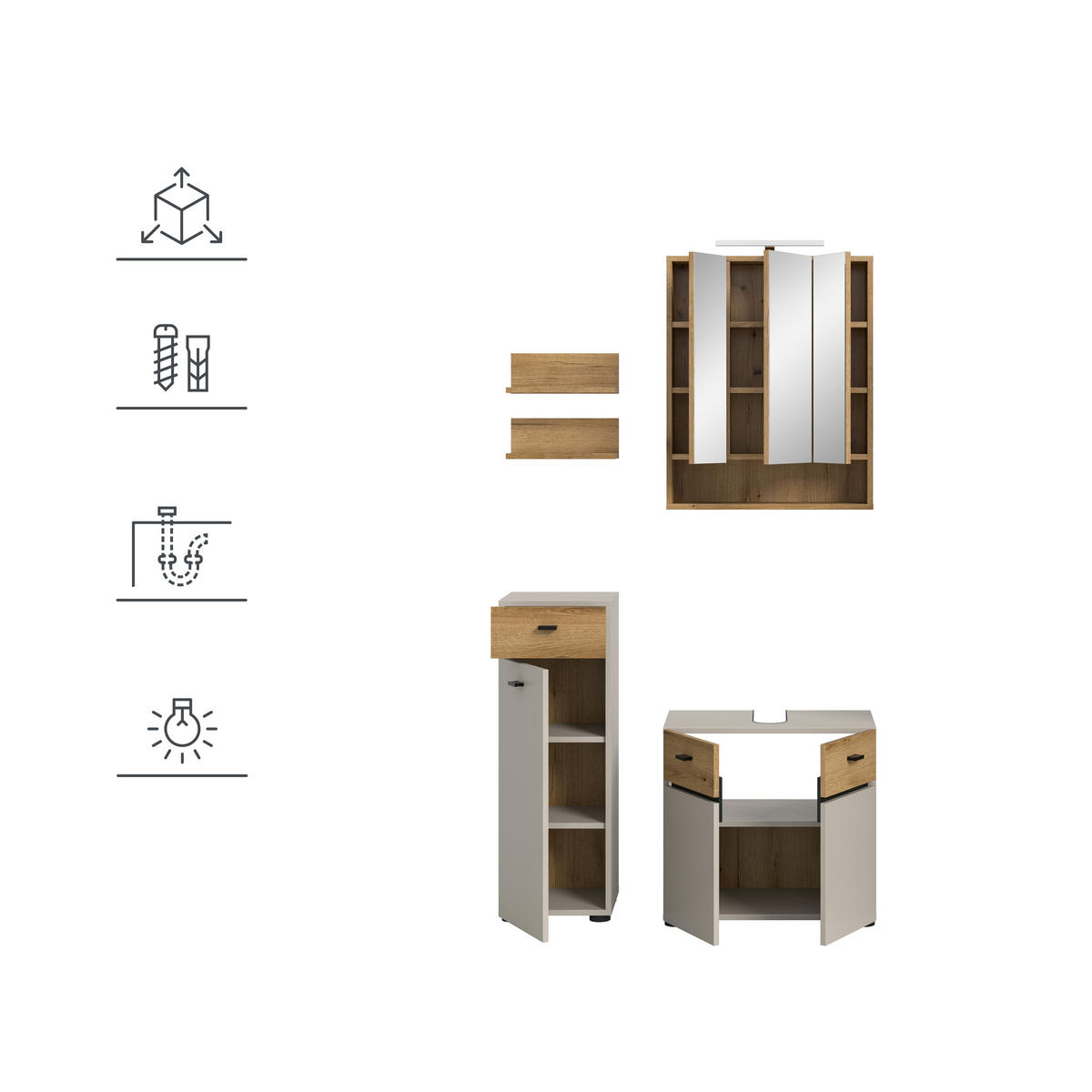 BADEZIMMER 4-teilig  in 92 cm  - Kaschmir/Eichefarben, Trend, Glas/Holzwerkstoff (92cm) - MID.YOU