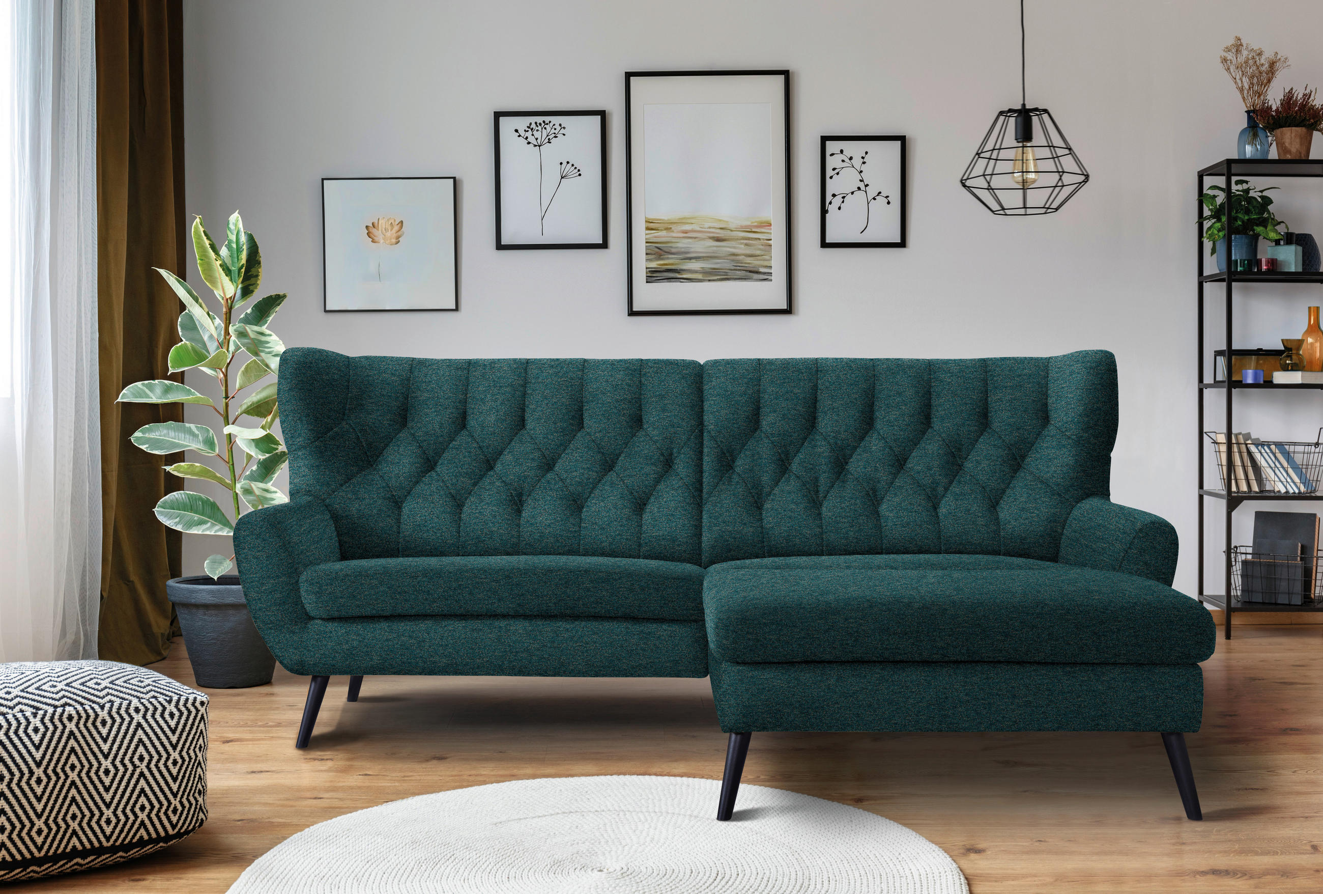 ECKSOFA in Flachgewebe Petrol - Petrol/Schwarz, Design, Holz/Textil (237/165cm) - Stylife
