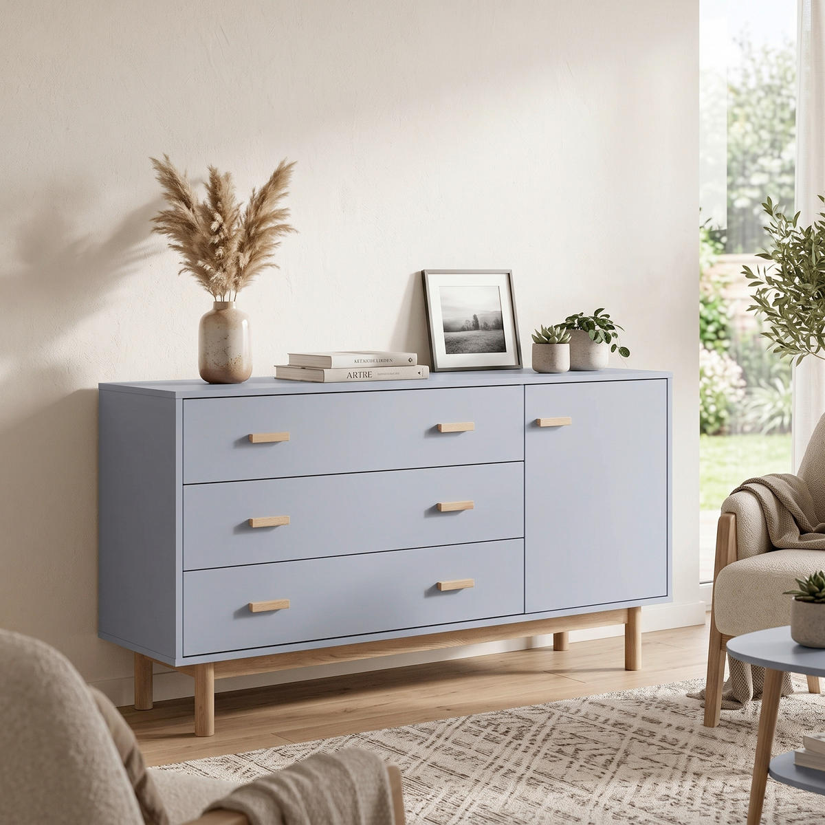 SIDEBOARD Melanie 144/80/44 cm 3 Schublade(n)  - Eichefarben/Grau, Design, Holzwerkstoff/Metall (144/80/44cm) - MID.YOU