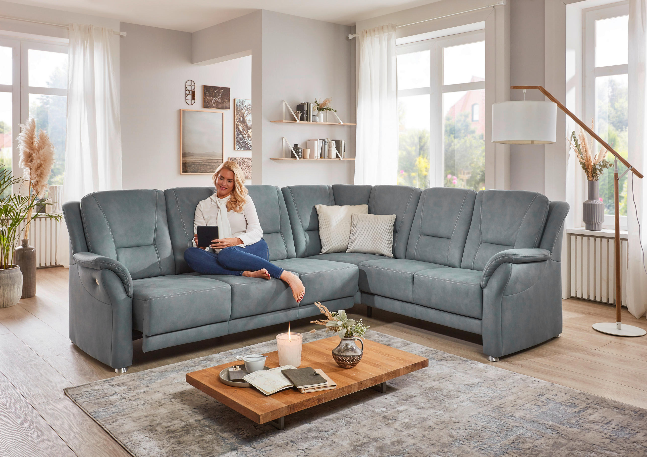 ECKSOFA in Mikrofaser Blaugrau - Beige/Blaugrau, Konventionell, Textil/Metall (223/275cm) - Beldomo Comfort