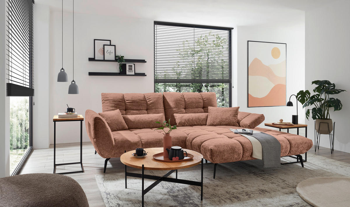 ECKSOFA Kupferfarben Flachgewebe Rücken echt, Sitztiefenverstellung  - Schwarz/Kupferfarben, KONVENTIONELL, Textil/Metall (273/211cm) - SetOne by Musterring