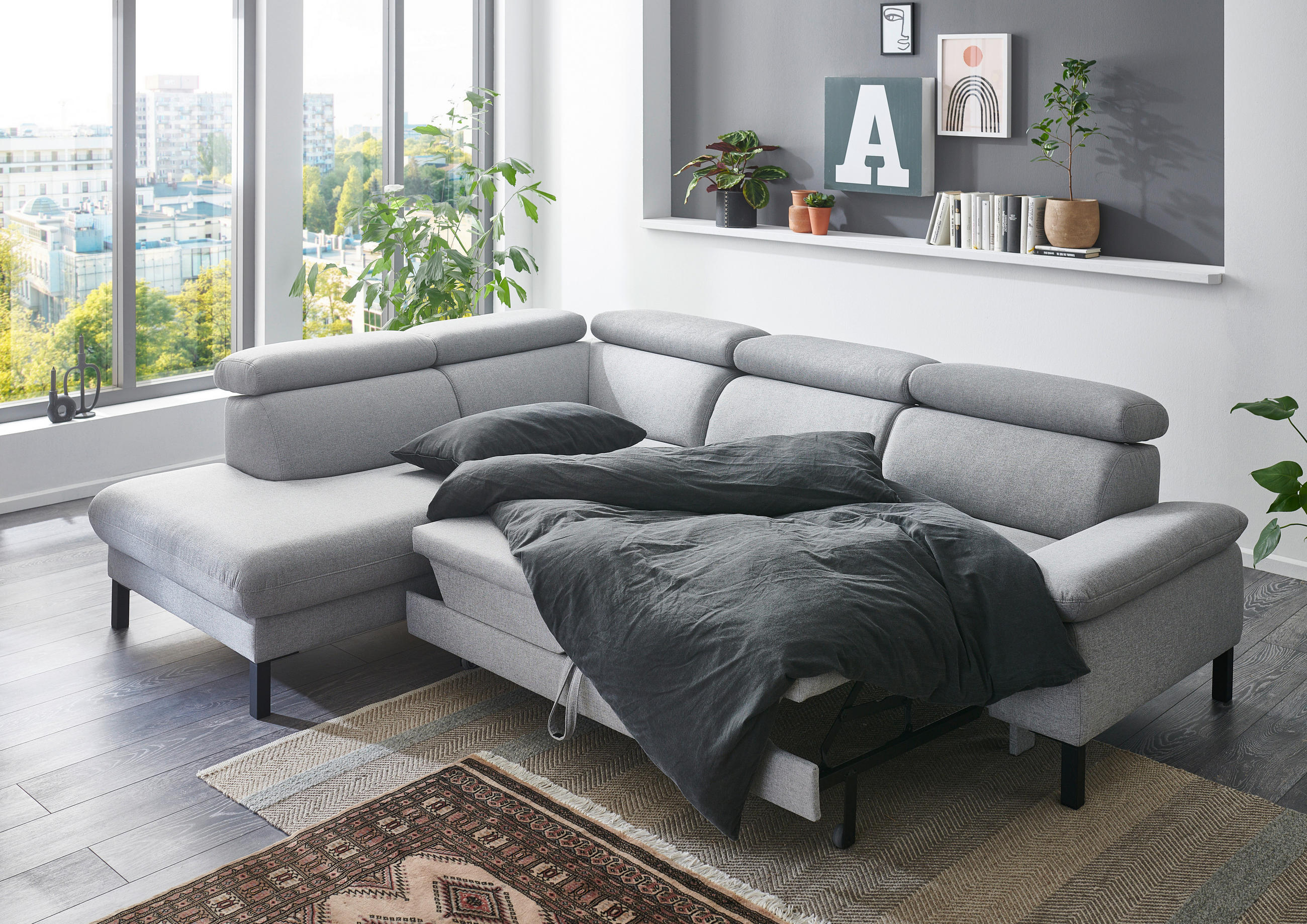 ECKSOFA inkl. Funktionen Hellgrau Flachgewebe  - Hellgrau/Schwarz, Design, Textil/Metall (217/272cm) - Pure Home Comfort