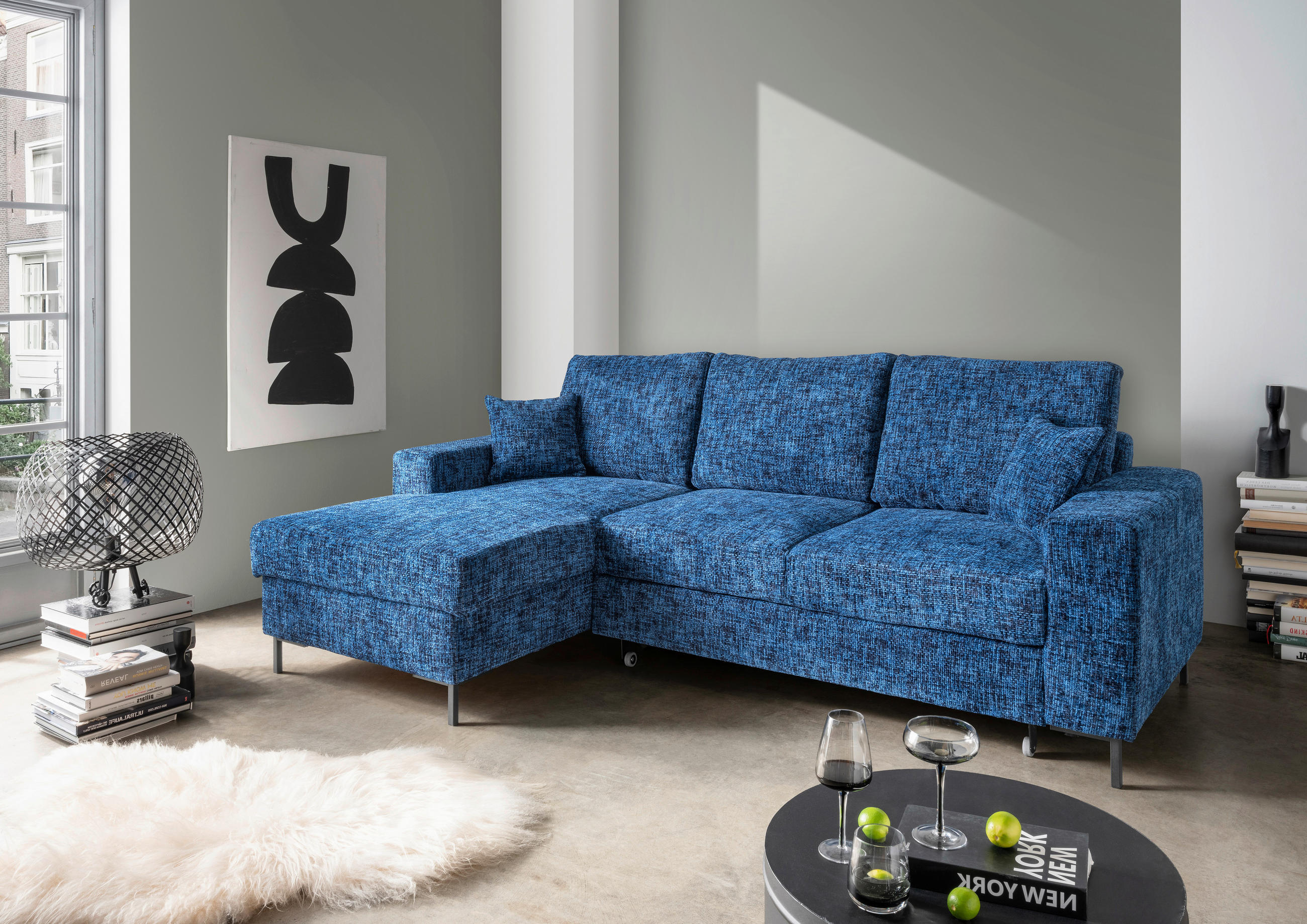 ECKSCHLAFSOFA in Struktur Blau  - Blau/Schwarz, KONVENTIONELL, Textil/Metall (143/237cm) - Livetastic