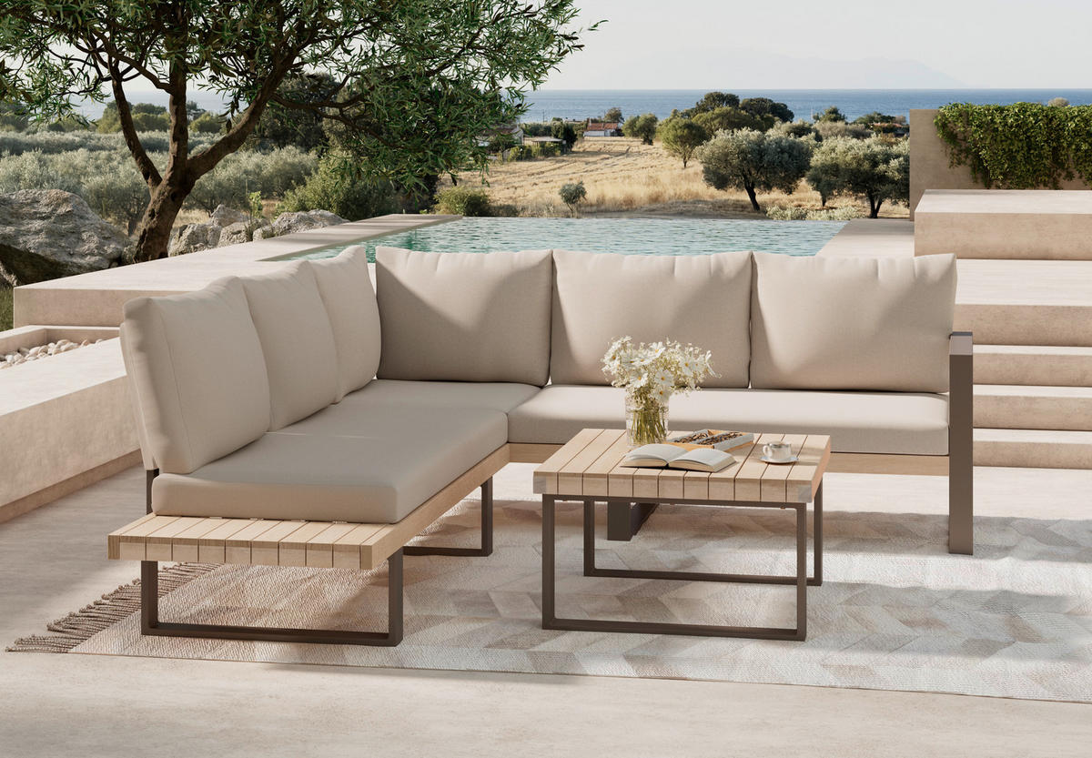 LOUNGEGARNITUR 3-teilig  - Beige/Akaziefarben, Modern, Holz/Metall (216/238cm) - Ambia Garden