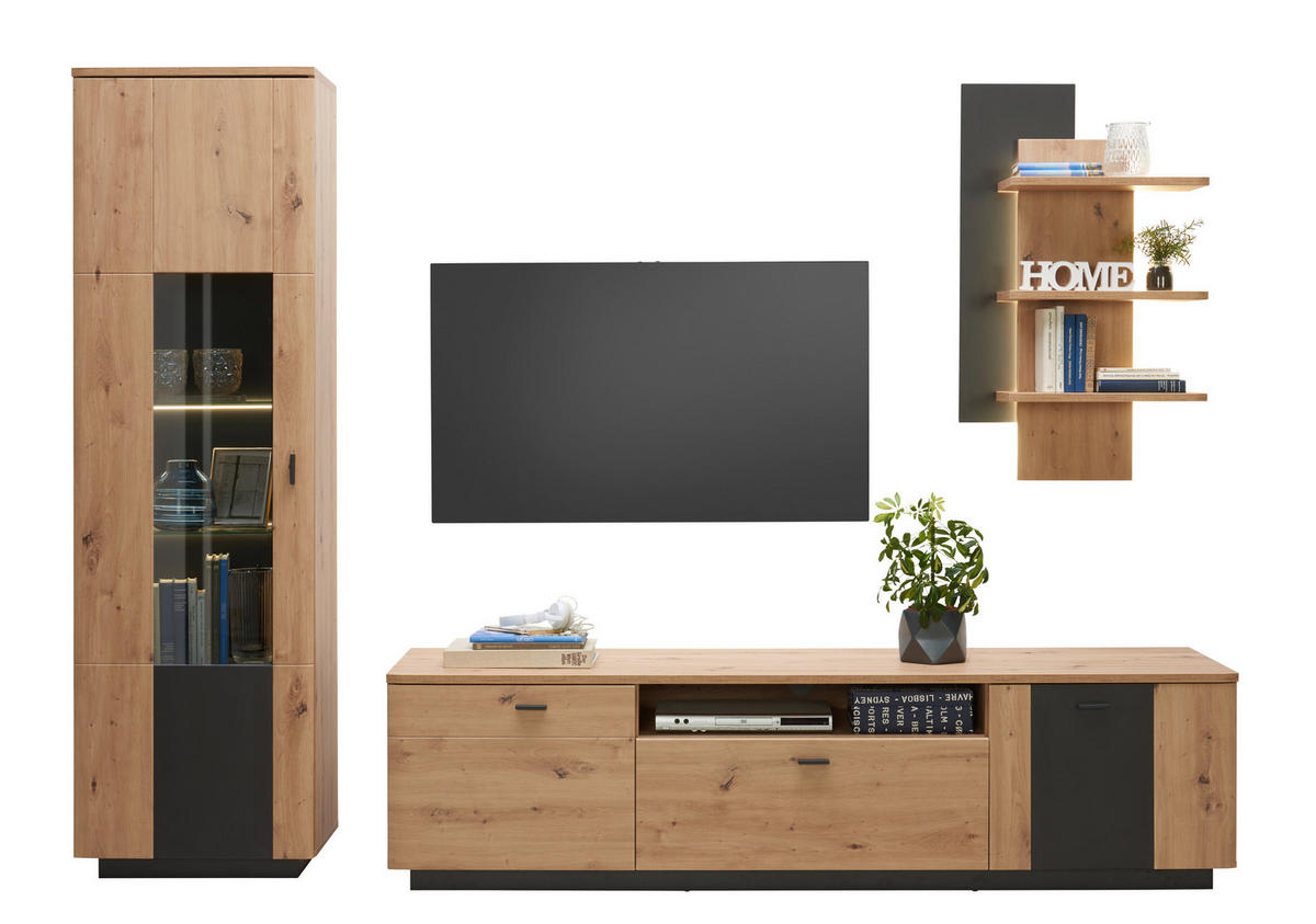 VITRINA, antracit, barve hrasta - črna/barve hrasta, Design, kovina/steklo (60/201/37cm) - Hom`in