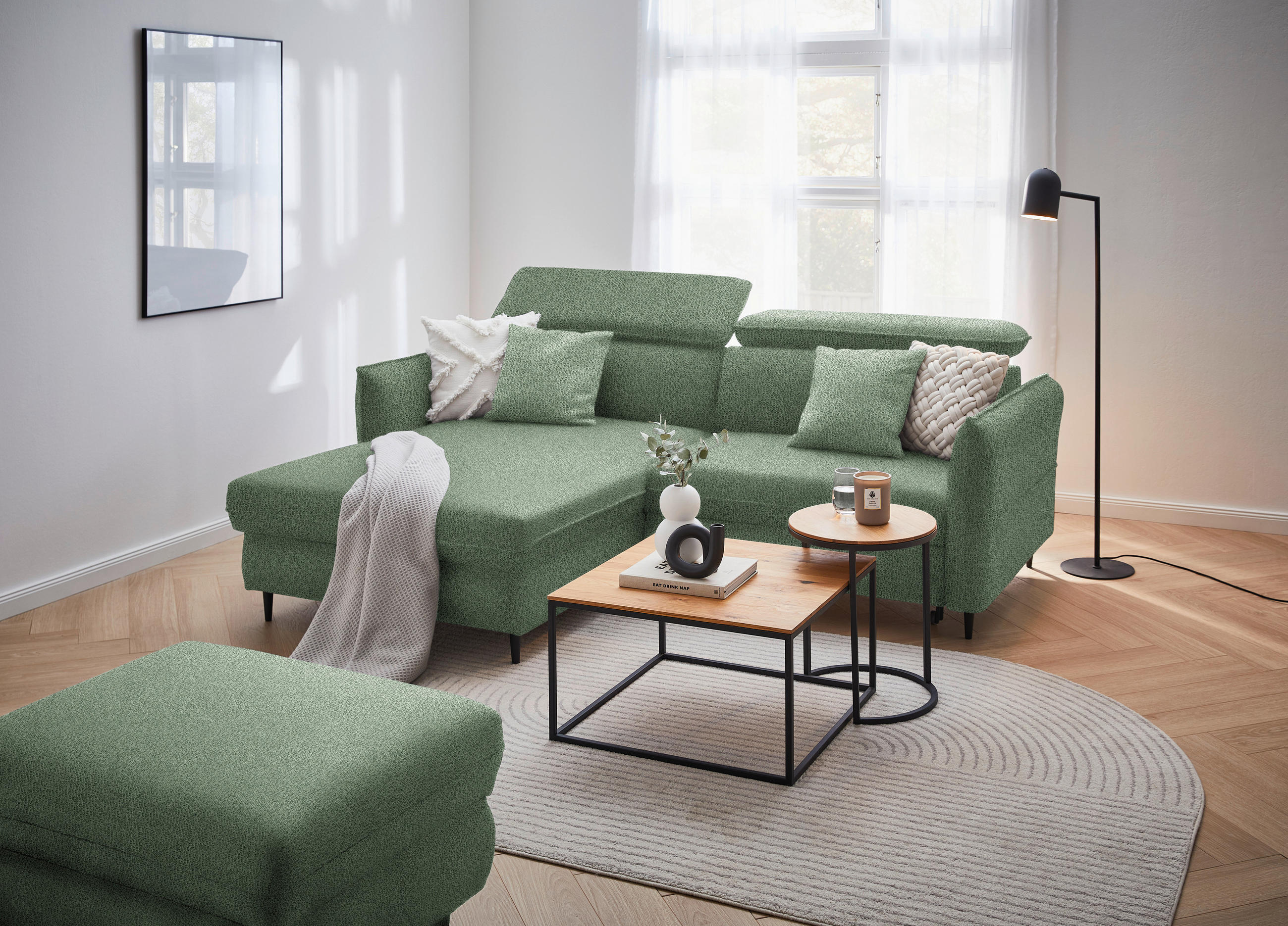 ECKSOFA Grün Flachgewebe  - Schwarz/Grün, Design, Holz/Textil (185/232cm) - Stylife