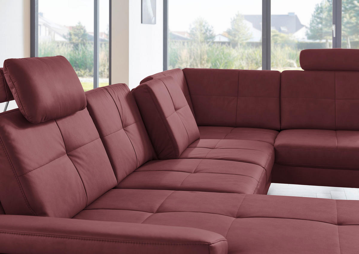 WOHNLANDSCHAFT in Lederlook, Mikrofaser Bordeaux  - Bordeaux/Schwarz, Design, Textil/Metall (179/343/220cm) - Beldomo System
