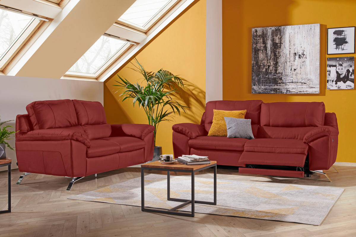 2-SITZER-SOFA in Kombination Echtleder/Lederlook Rot  - Silberfarben/Rot, Design, Leder/Metall (174/97/95cm) - Livetastic