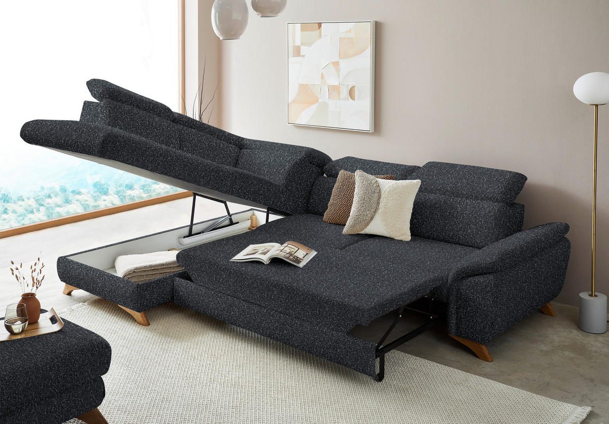 ECKSOFA in Bouclé Schwarz  212/287 cm  - Eichefarben/Schwarz, MODERN, Holz/Textil (212/287cm) - Valnatura