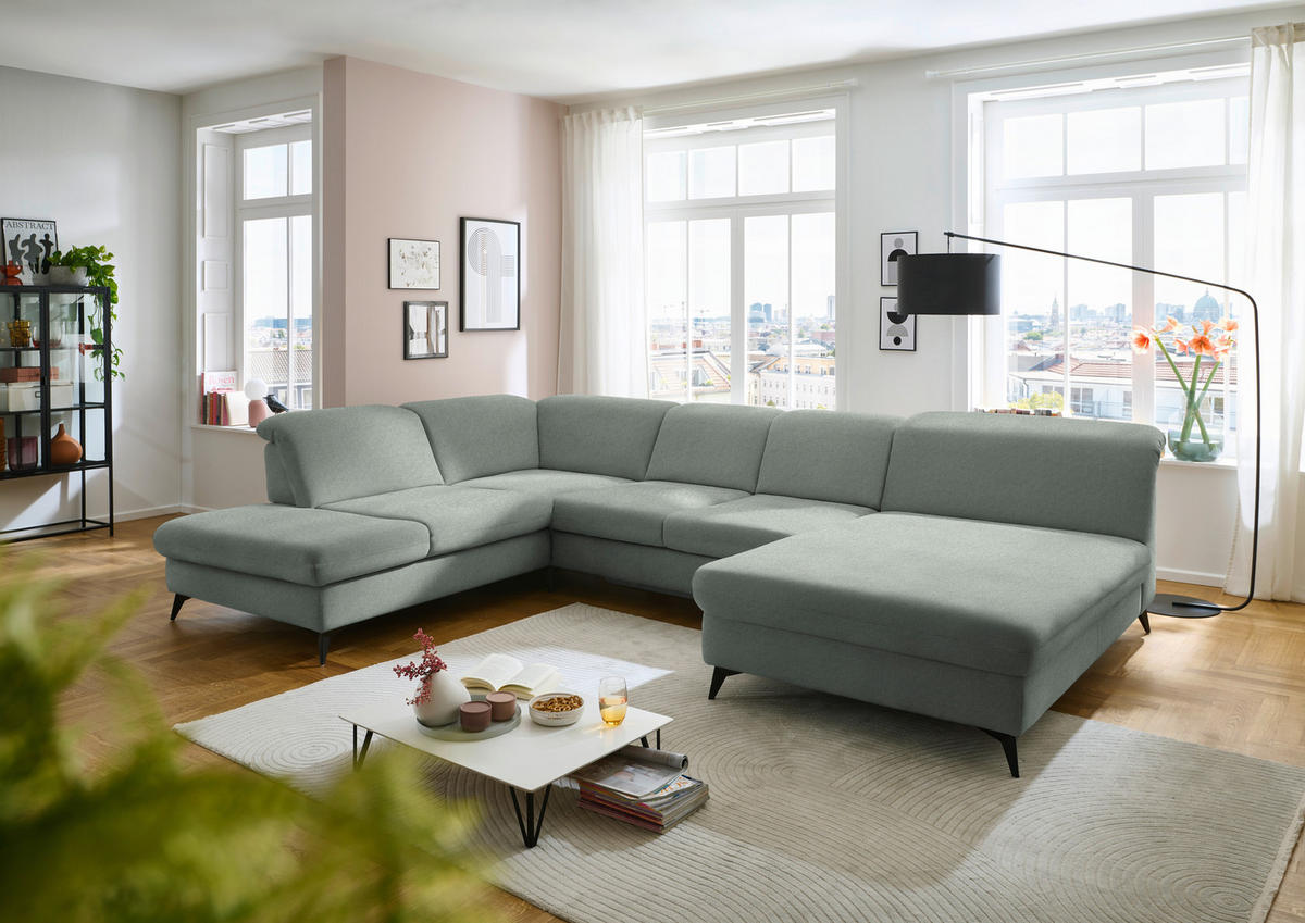 WOHNLANDSCHAFT Chenille Hellgrau  - Hellgrau/Schwarz, Design, Textil/Metall (255/369/198cm) - Beldomo Style