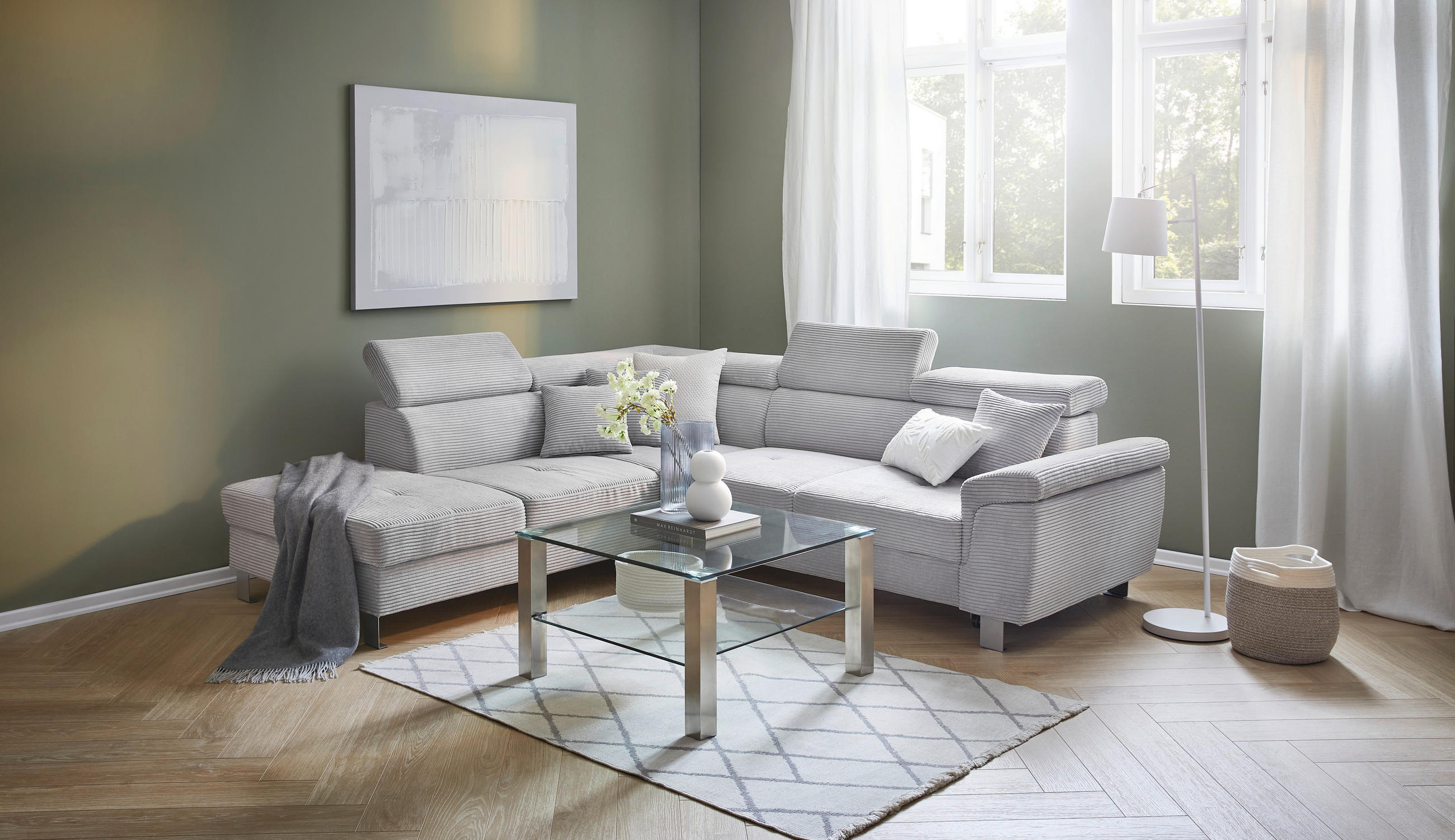 ECKSOFA inkl. Funktionen Dunkelgrau Cord  - Dunkelgrau/Silberfarben, Design, Textil/Metall (226/257cm) - Xora