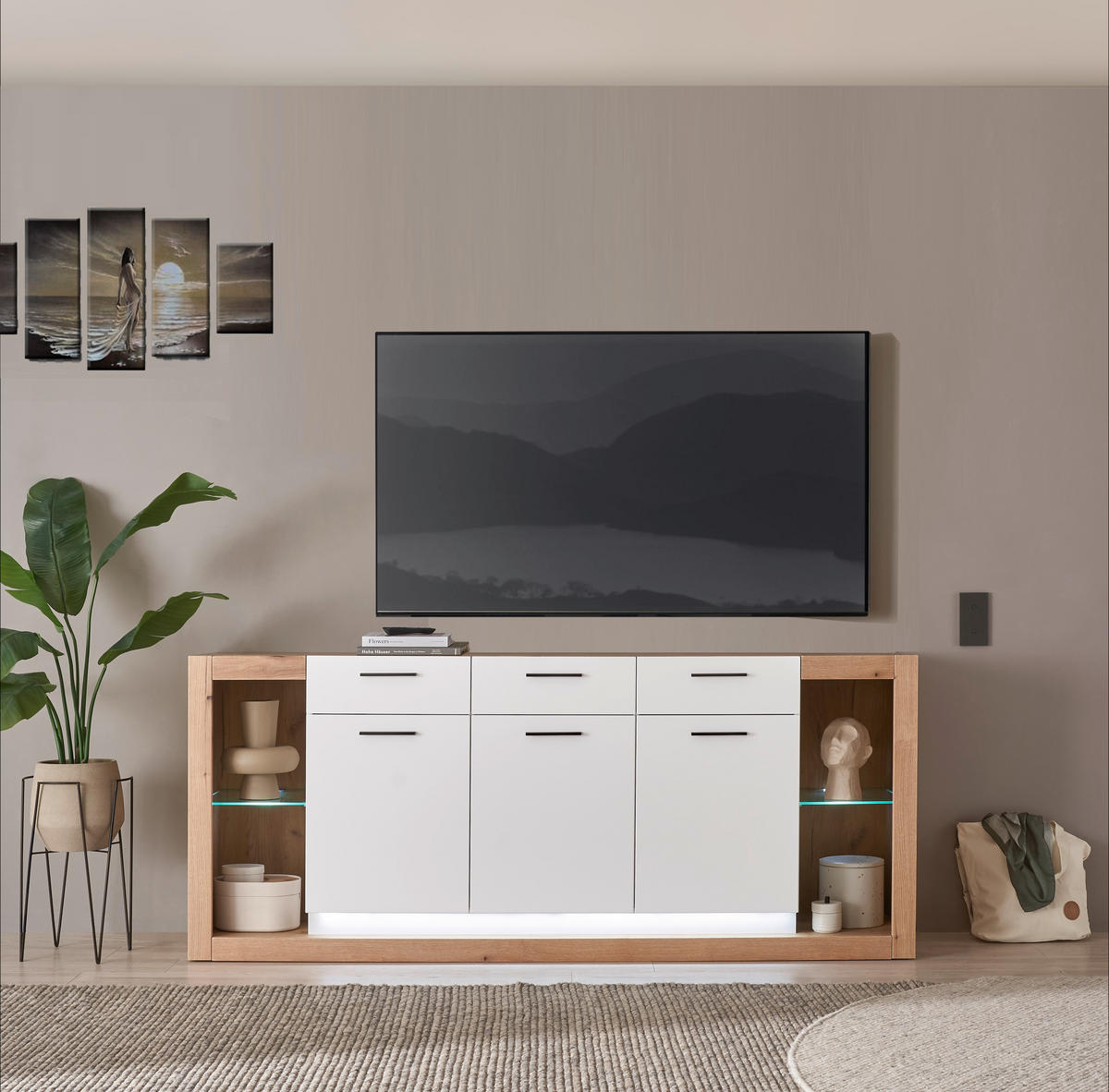 SIDEBOARD  198/83/43 cm 3 Schublade(n)  - Eichefarben/Schwarz, Design, Glas/Holzwerkstoff (198/83/43cm) - MID.YOU