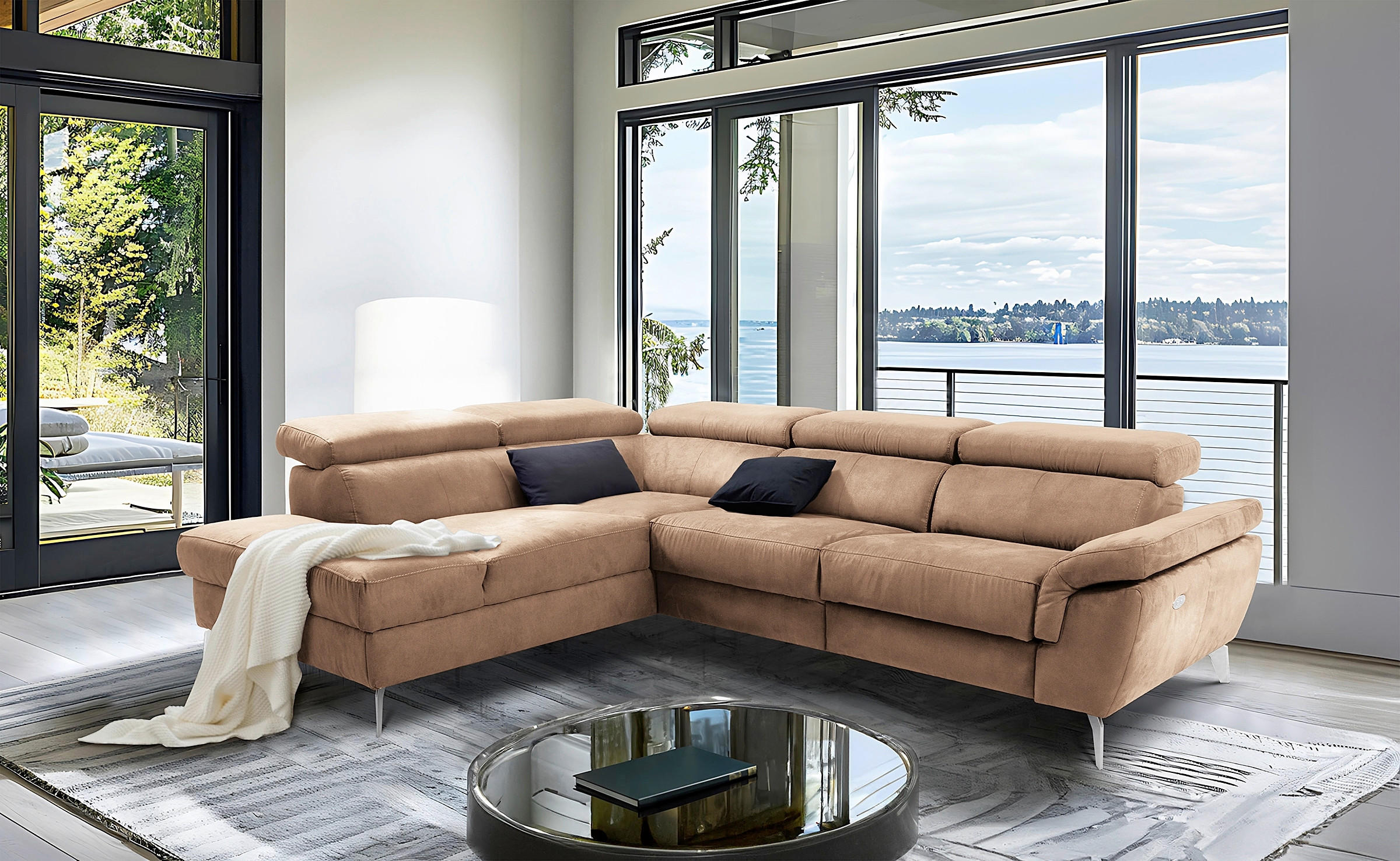 ECKSOFA Lederlook Hellbraun  - Chromfarben/Hellbraun, Design, Textil/Metall (210/265cm) - Livetastic