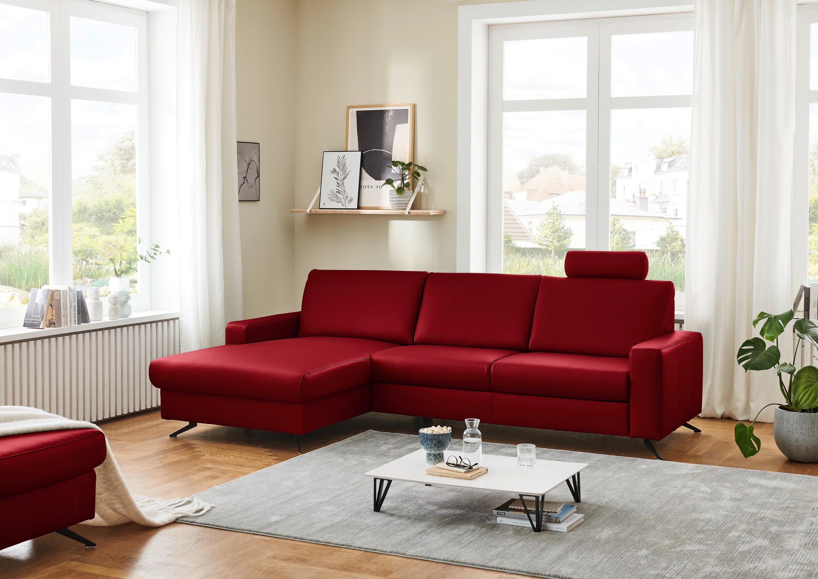 ECKSOFA in Echtleder Rot  165/267 cm  - Rot/Schwarz, Design, Leder/Metall (165/267cm) - Lomoco