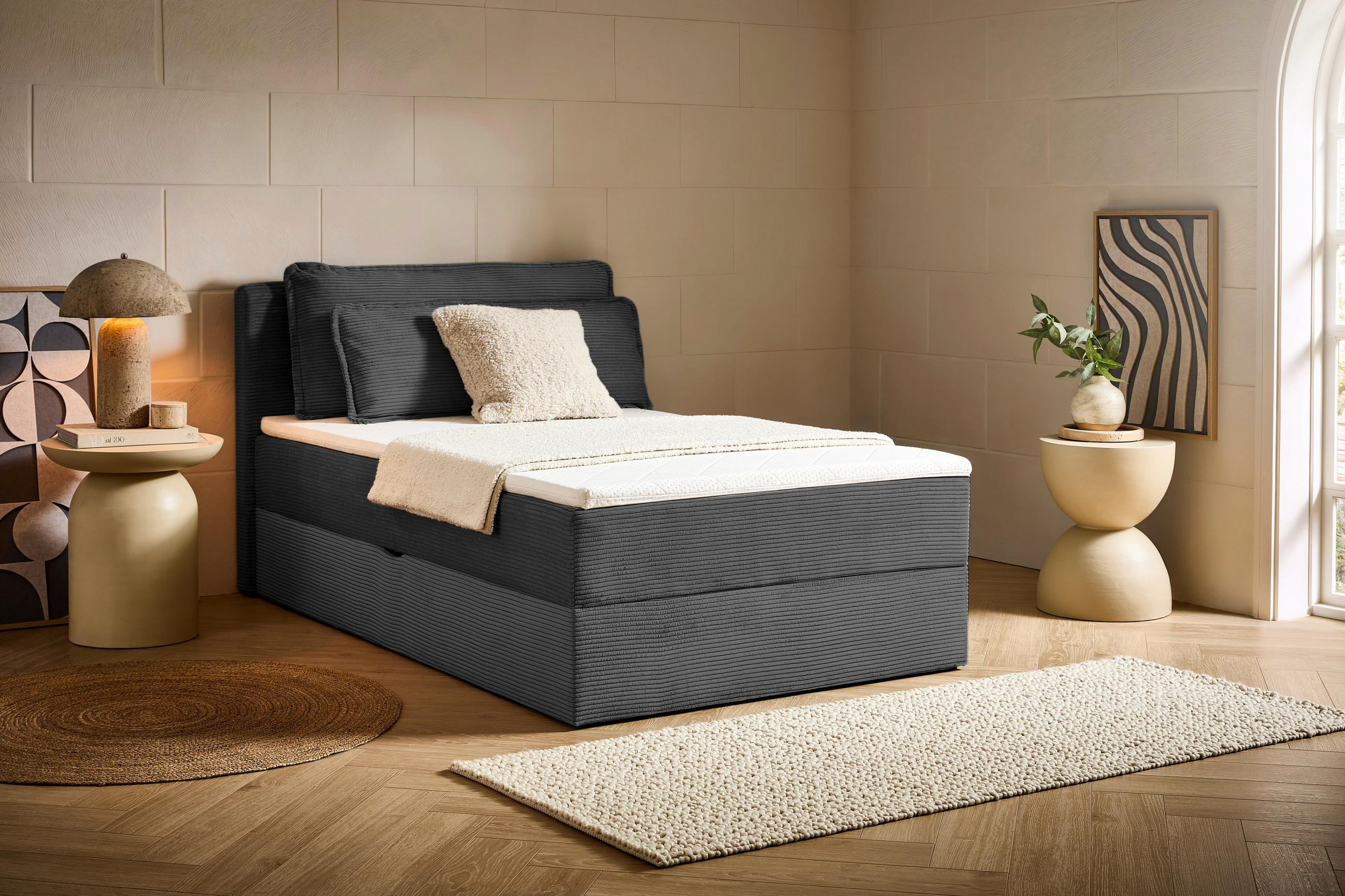 BOXBETT 120/200 cm,  in Anthrazit, Kissen, Bettkasten, Topper, H3 = fest  - Anthrazit/Schwarz, Design, Kunststoff/Textil (120/200cm) - Chameo