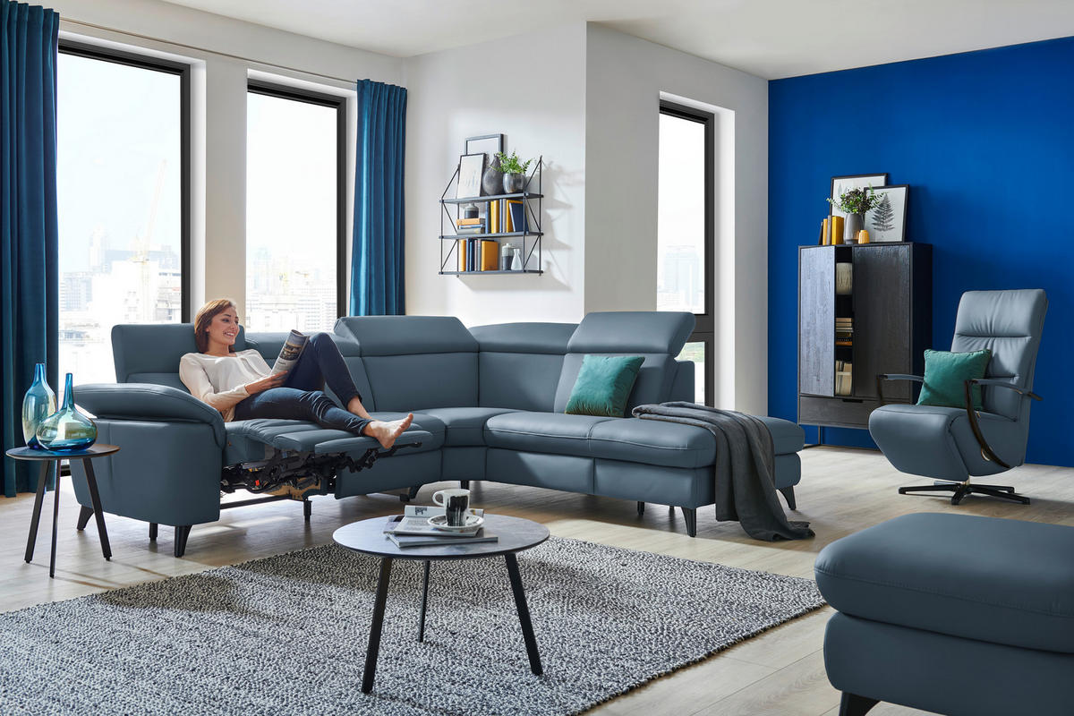 ECKSOFA in Echtleder Blau  - Blau/Schwarz, Design, Leder/Metall (285/239cm) - Cantus