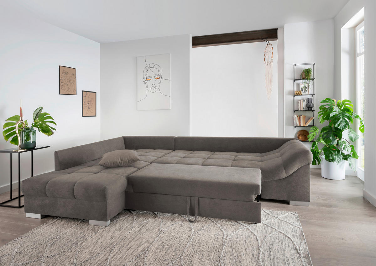 ECKSCHLAFSOFA  in Mikrofaser Graubraun  - Graubraun/Silberfarben, Design, Holz/Textil (202/298cm) - MID.YOU