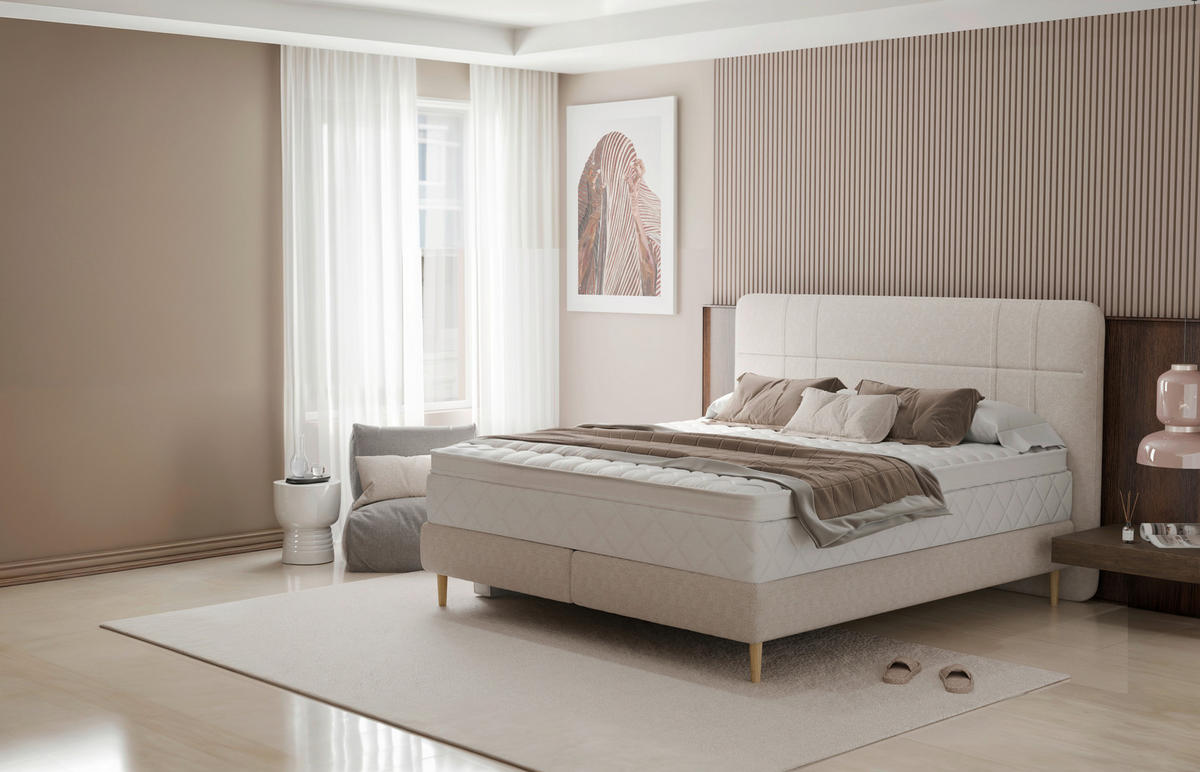 BOXSPRINGBETT 180/200 cm,  in Beige, Matratze, gepolstertes Kopfteil, H3 + H4 = fest + sehr fest  - Eichefarben/Beige, MODERN, Holz/Textil (180/200cm) - Welnova